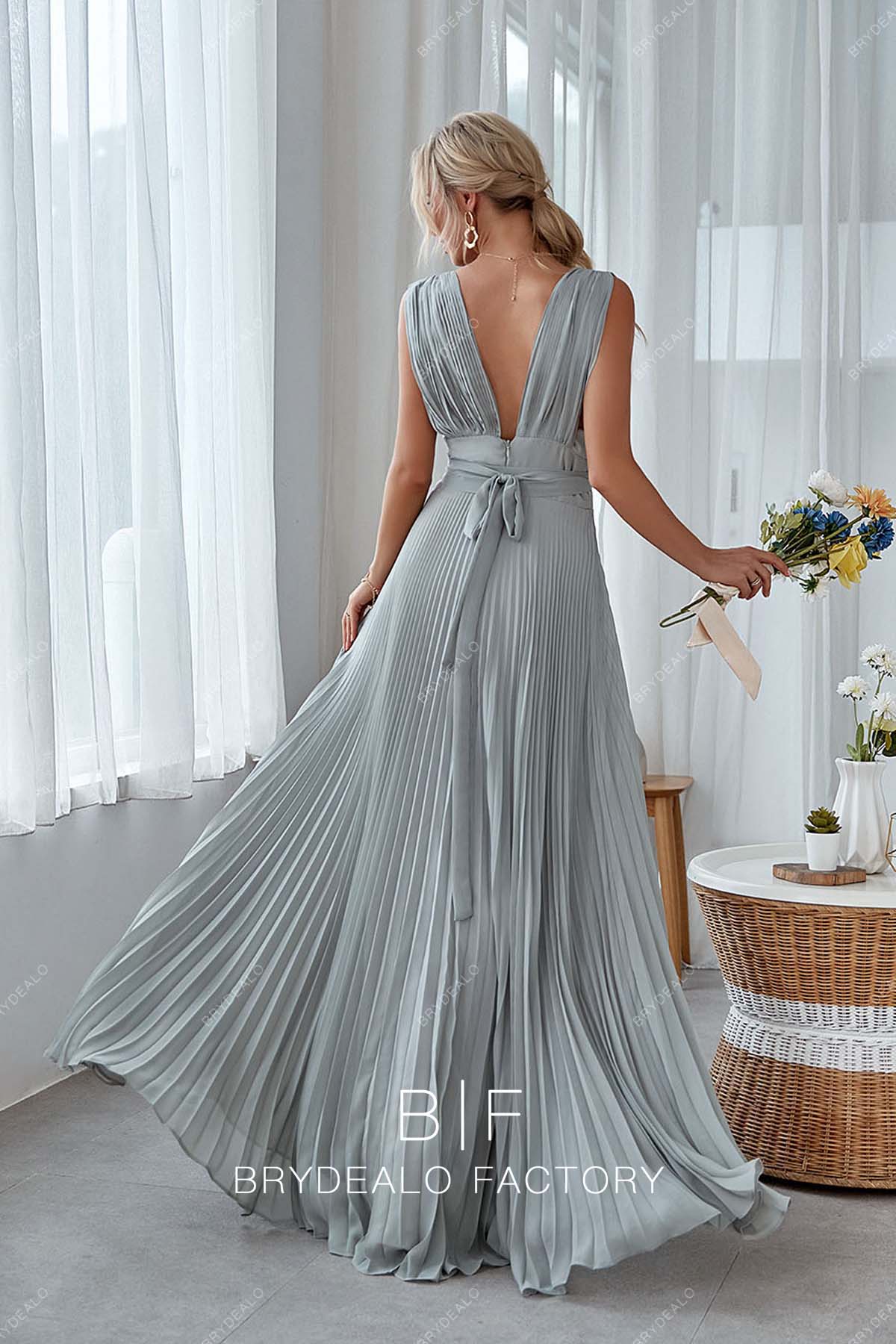 open back floor length grey bridesmaid gown