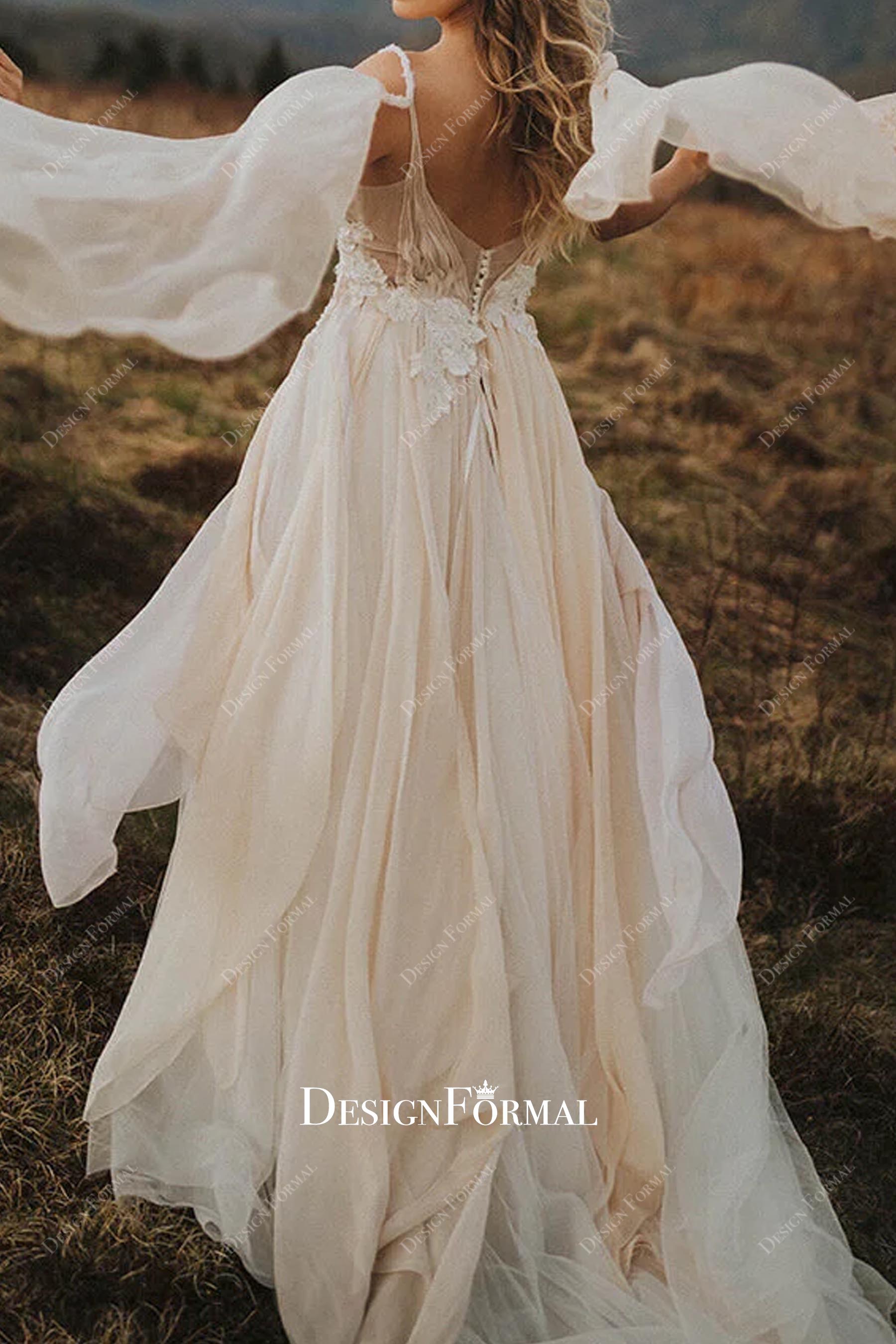 open back flowing chiffon wedding dress