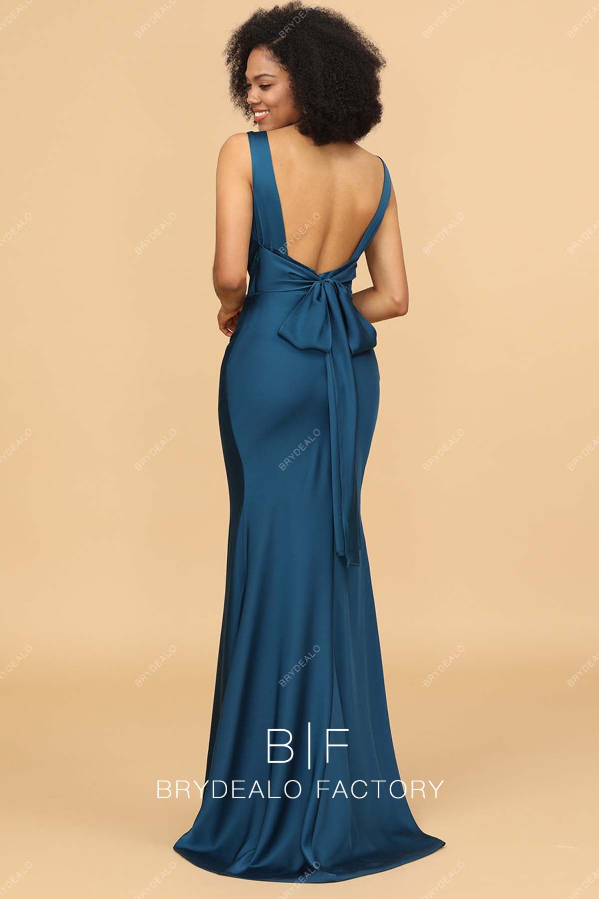 open back ink blue long bridesmaid gown
