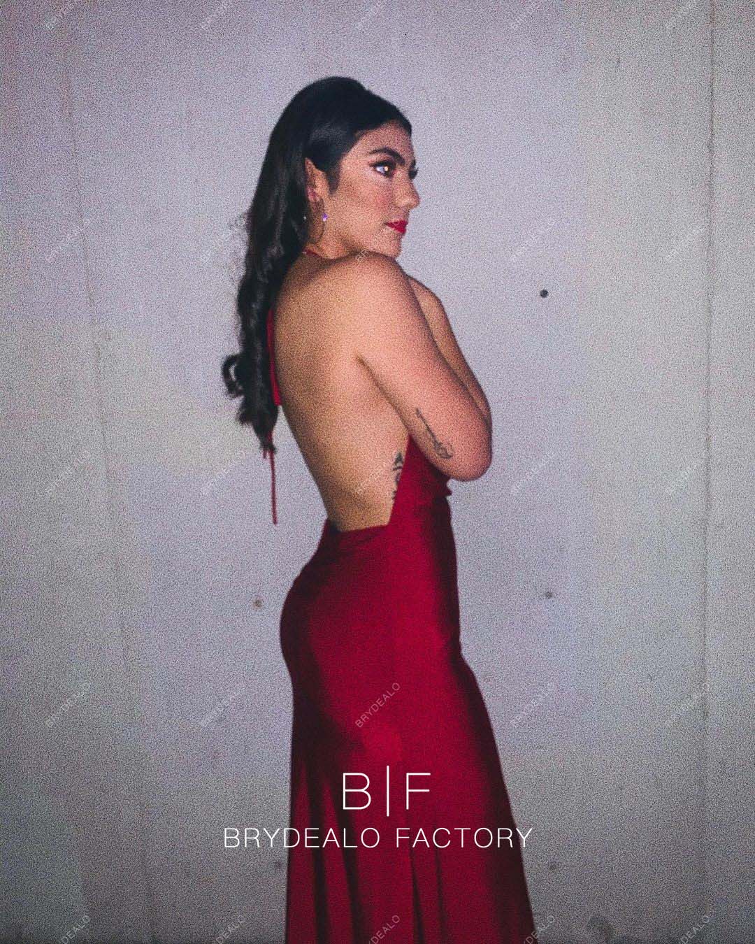 open back jersey dark red prom gown