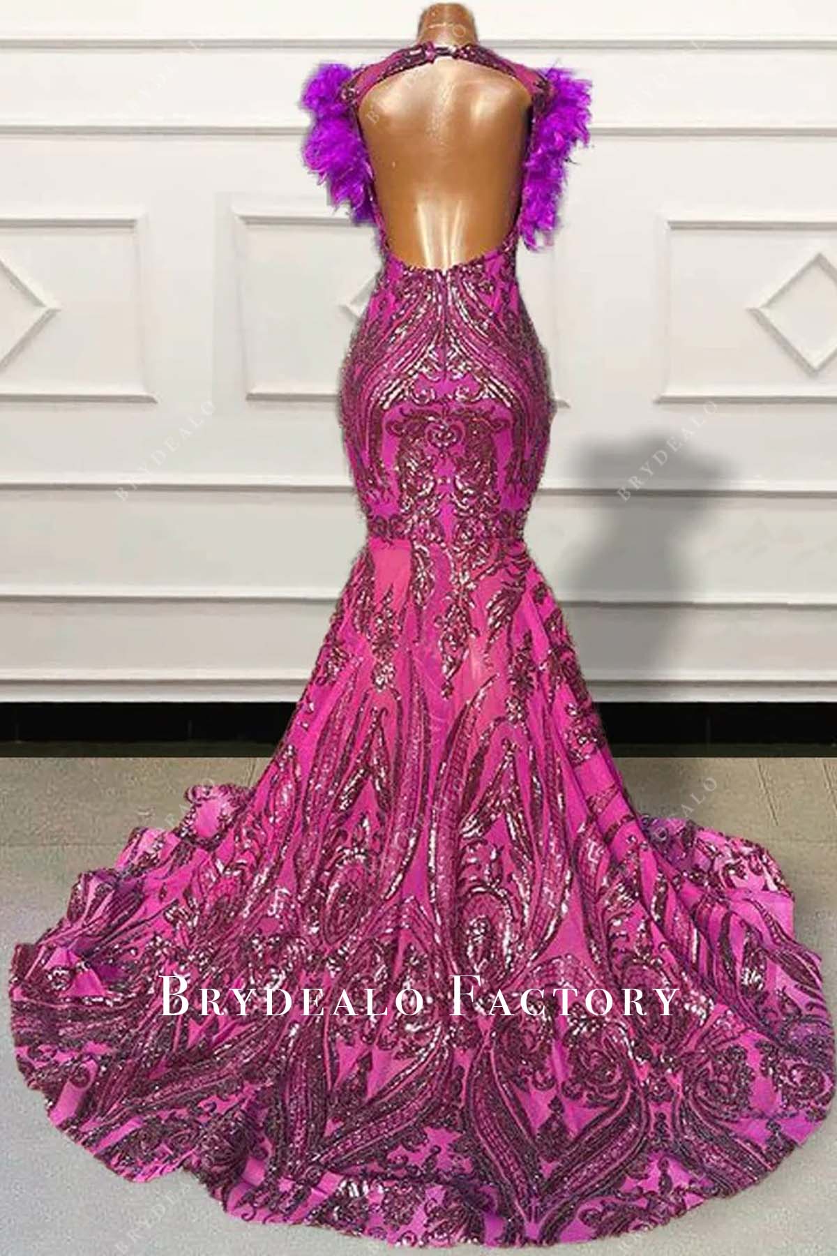 Open Back Fuchsia Sequin Long Prom Dress