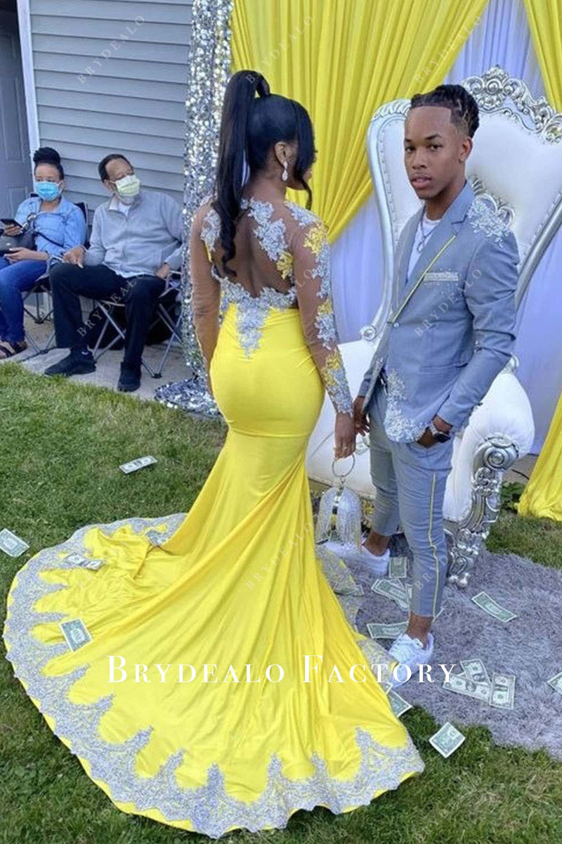 Cutout Back Yellow Jersey Custom Grey Lace Prom Dress