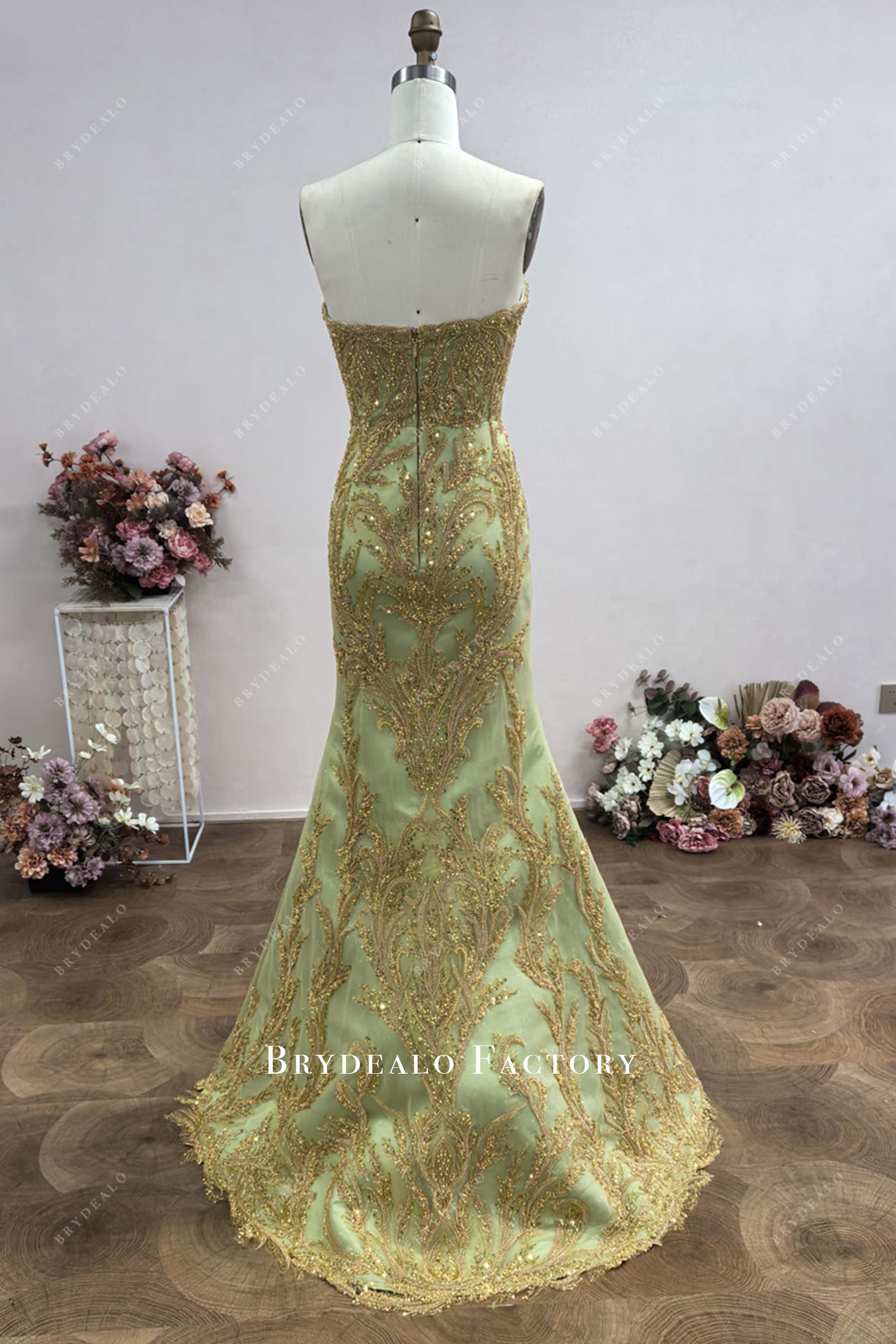 open back mermaid sweep train prom dress