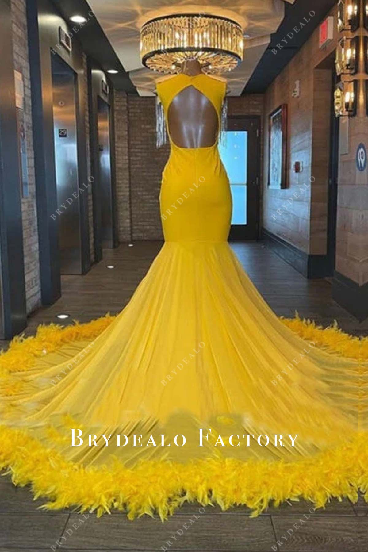 Open Back Yellow Feathers Long Train Prom Dress