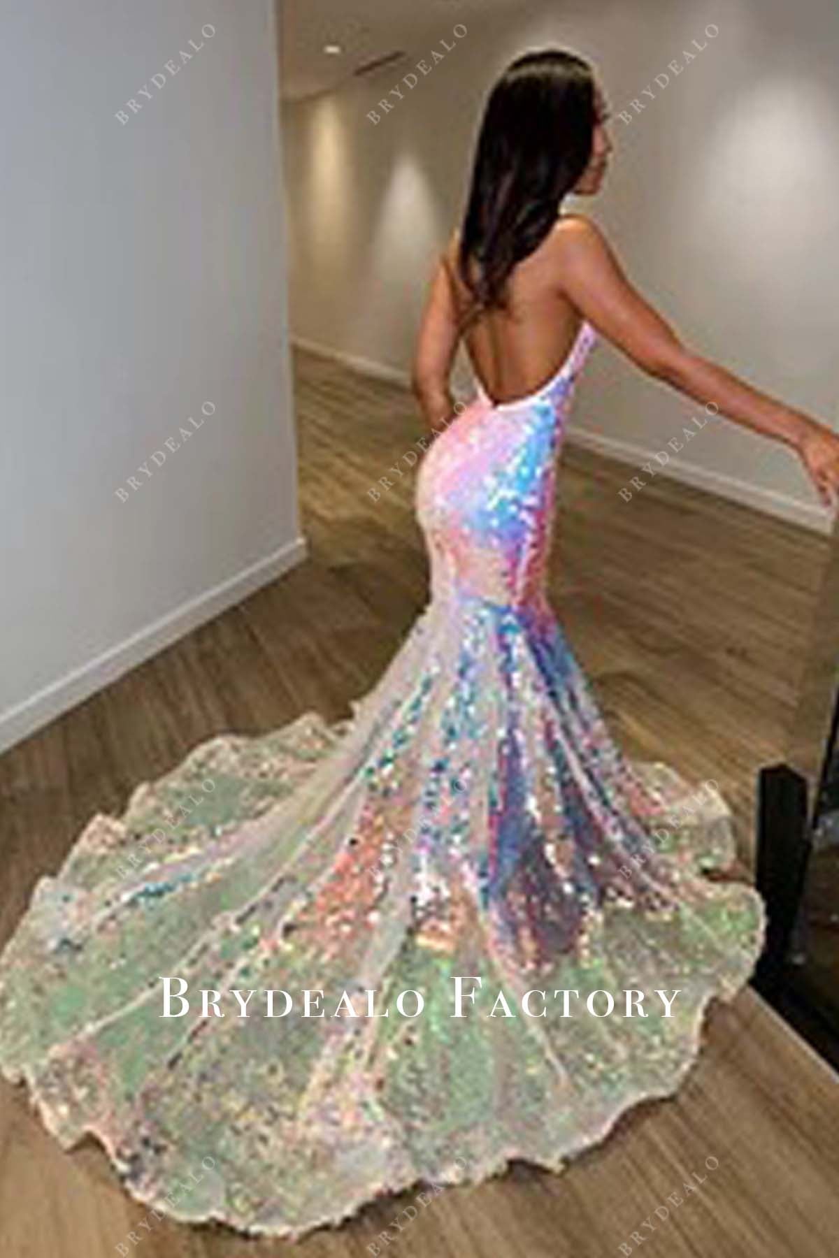 open back mermaid long train horsehair formal dress