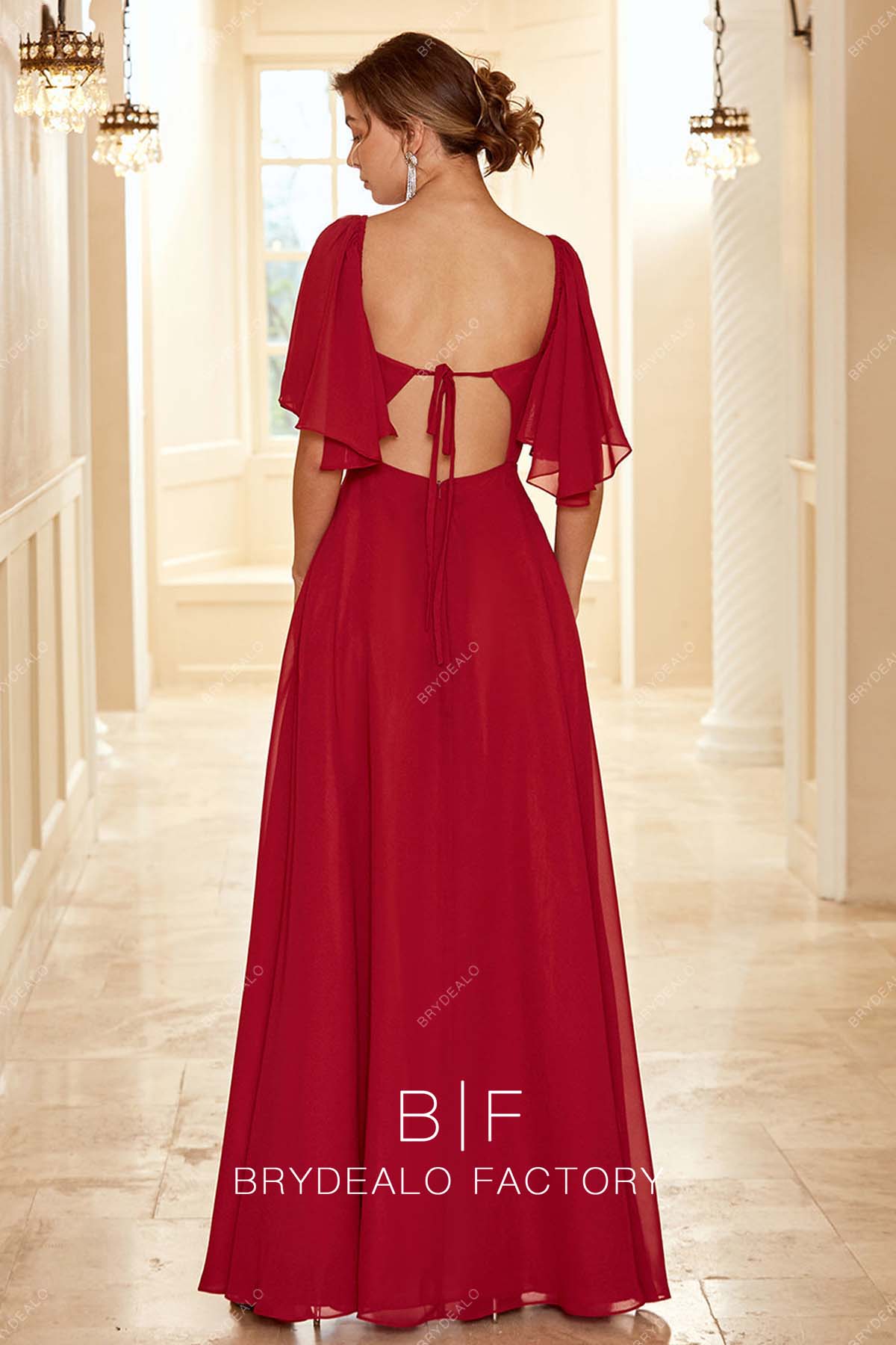 open back red chiffon floor length bridesmaid gown