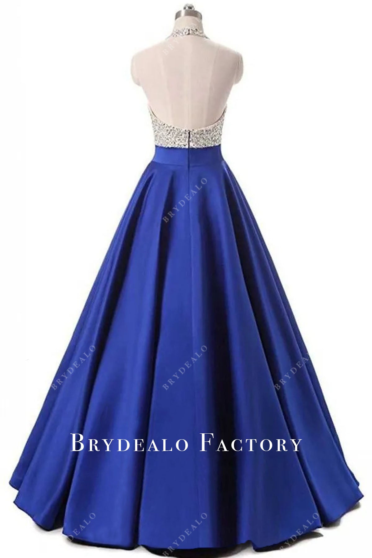 open back rhinestones royal blue satin floor length prom formal dress