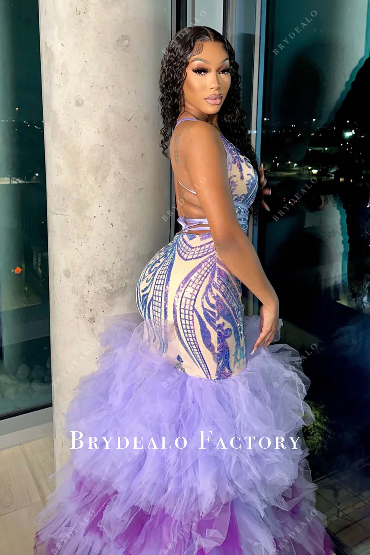 Purple Tiered Tulle Trumpet Floor Length Prom Dress
