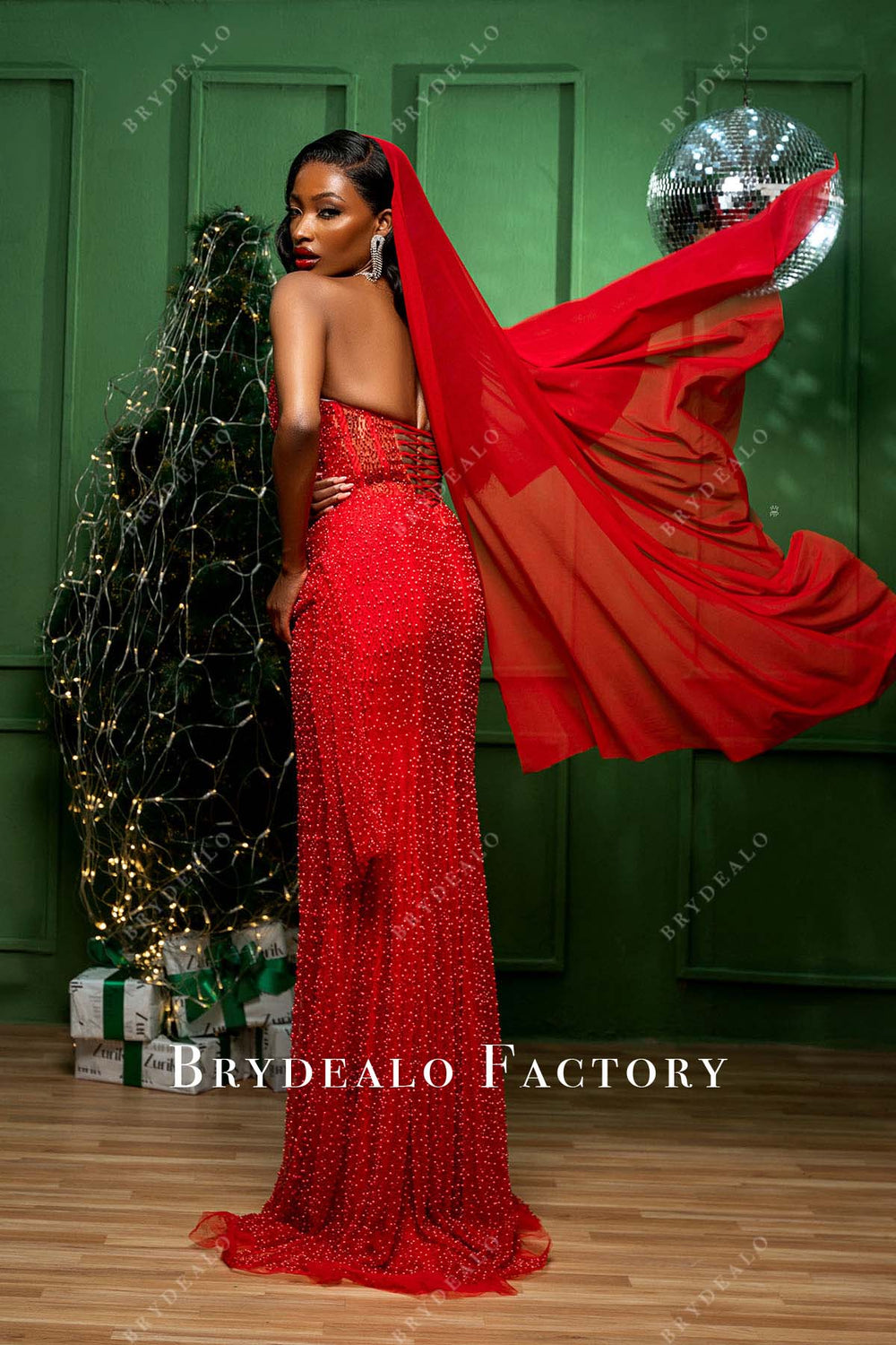 Bold Red Pearl Strapless Thigh Slit Christmas Holiday Prom Dress