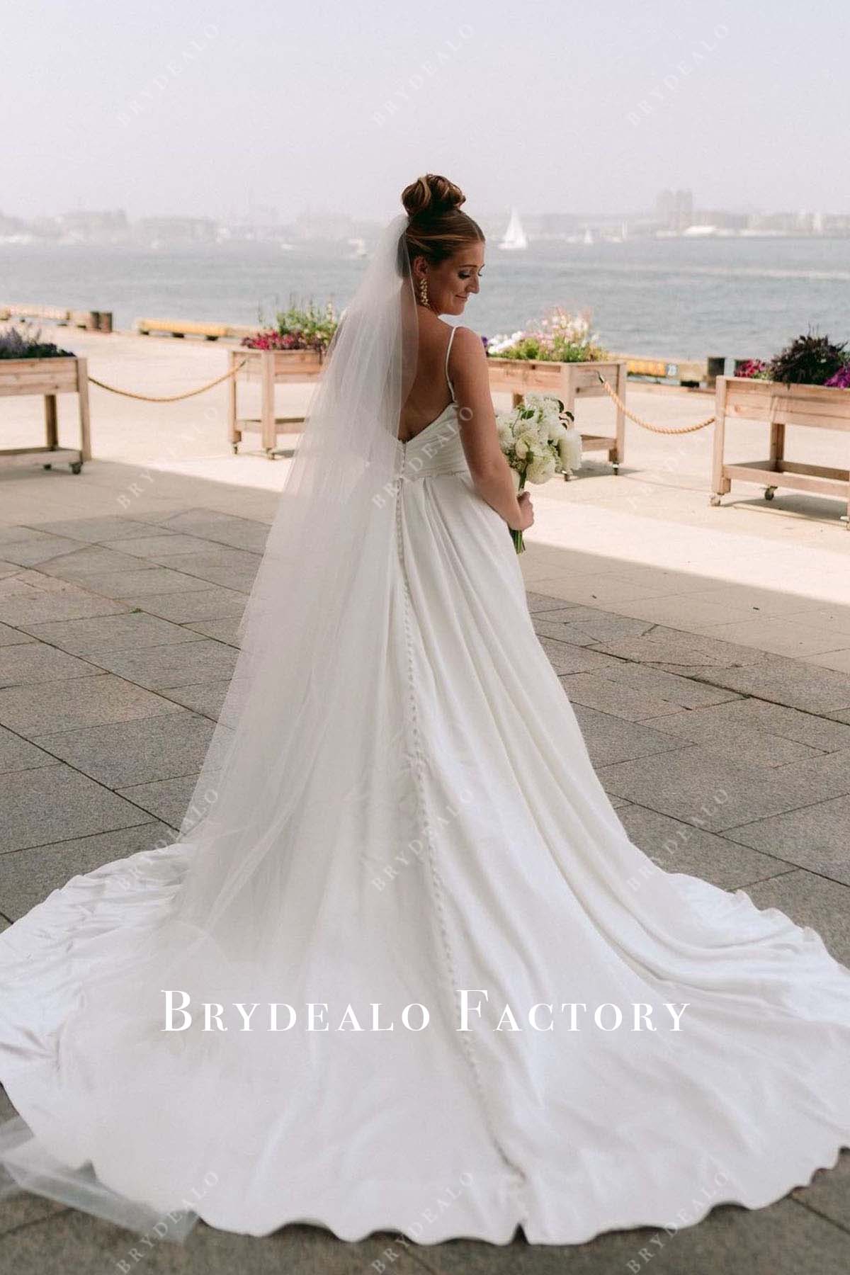 open v  back long train wedding dress