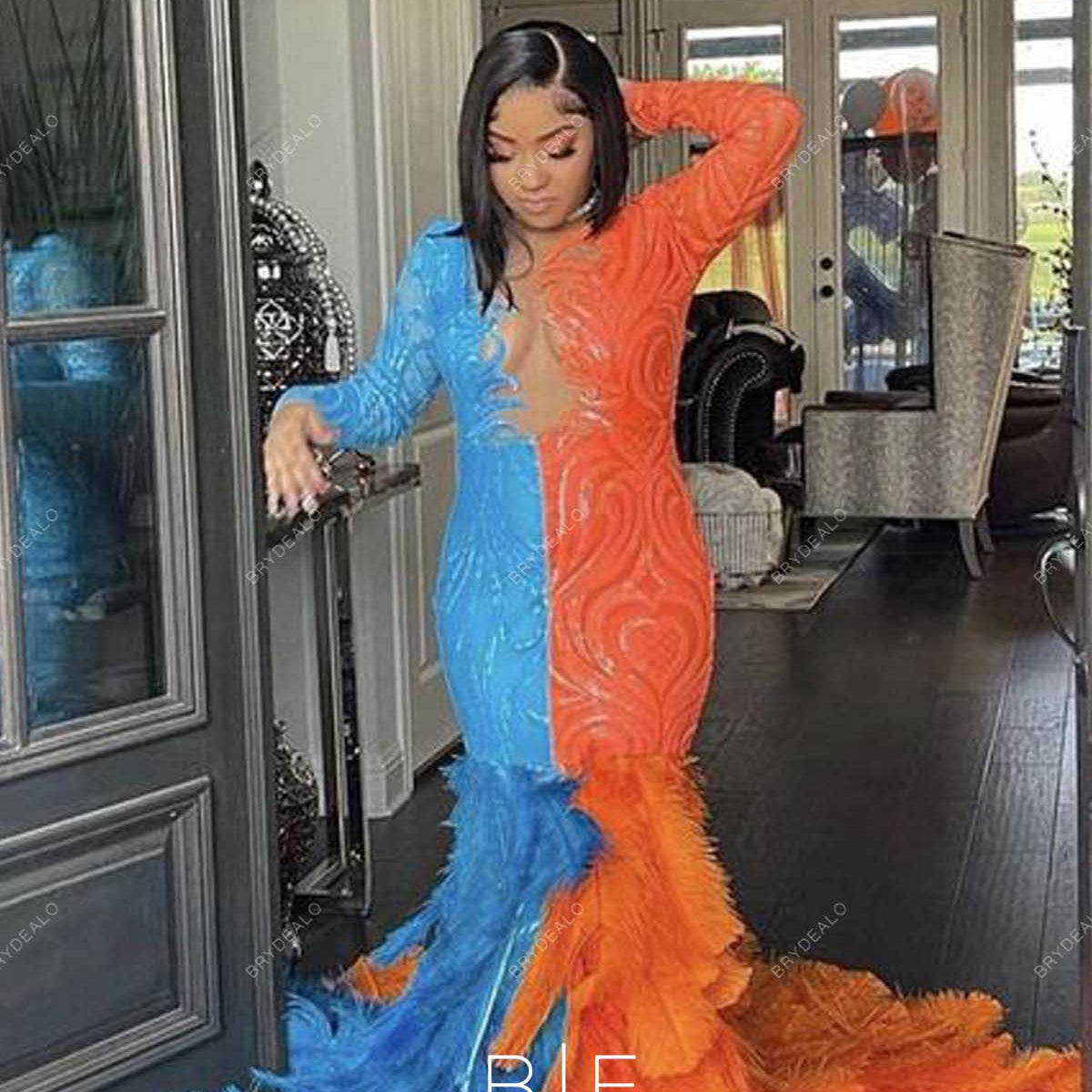 Two Tone Sequin Long Sleeves Big Feather Mermaid Prom Dress Two Tone Sequin Long Sleeves Big Feather Mermaid Prom Dress
