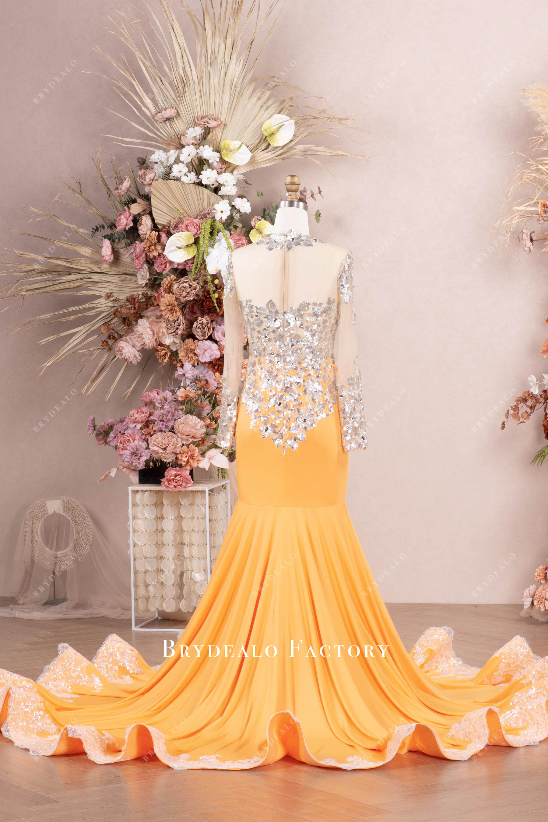 orange jersey long sleeve mermaid prom dress