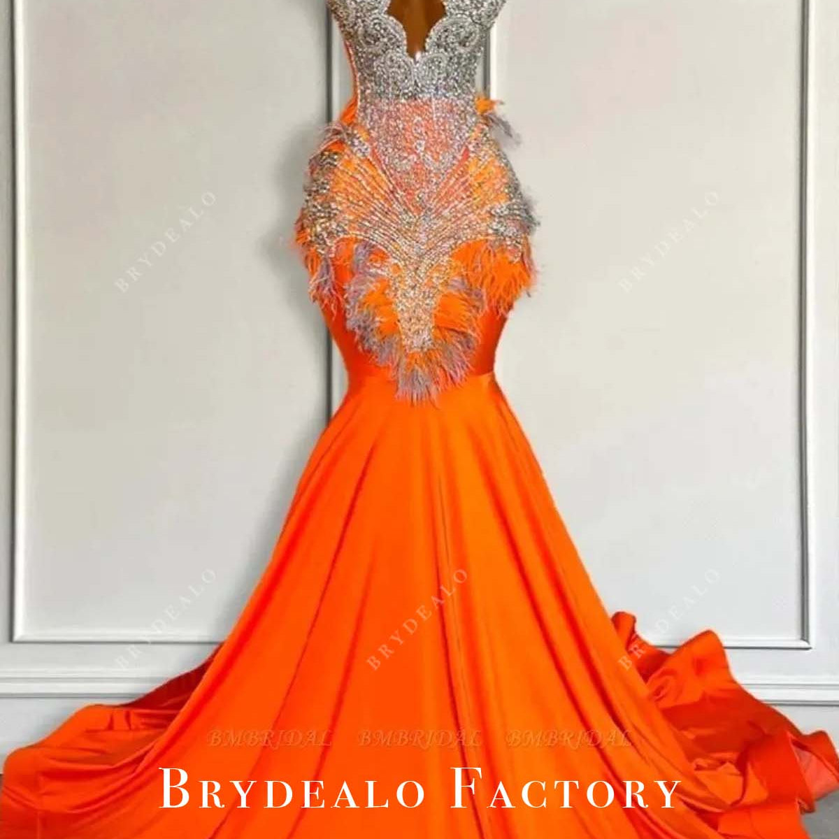 Luxury Rhinestones Orange Jersey Feather Mermaid Prom Gown