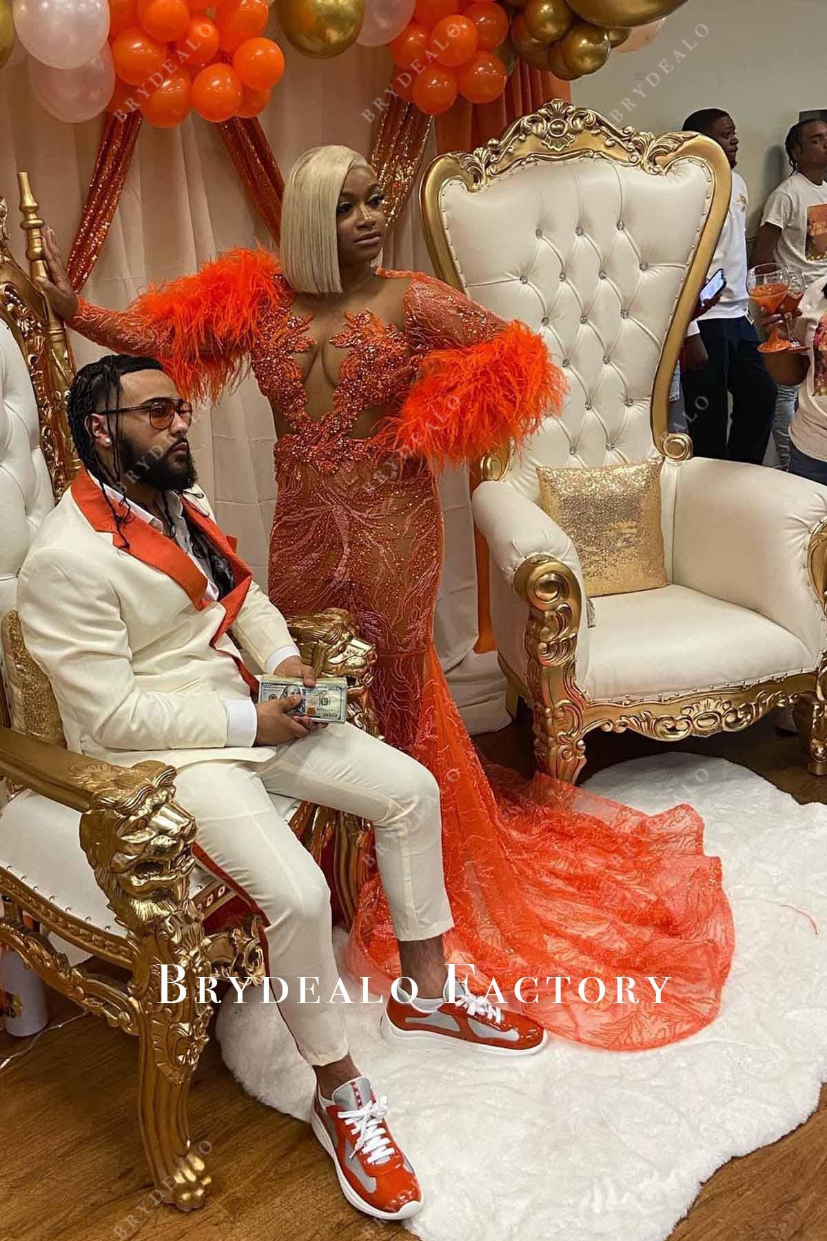 orange long sleeves trumpet prom dress