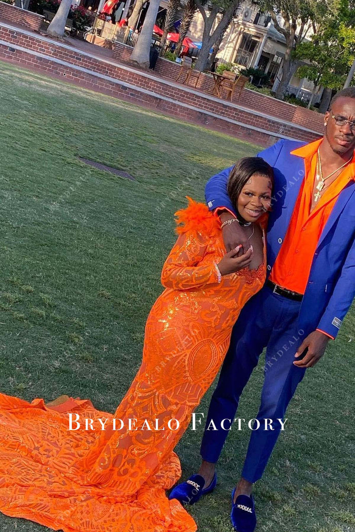 Orange Feathers Ivory Sequin Halter Made-to-Order Mermaid Prom Gown main image 1