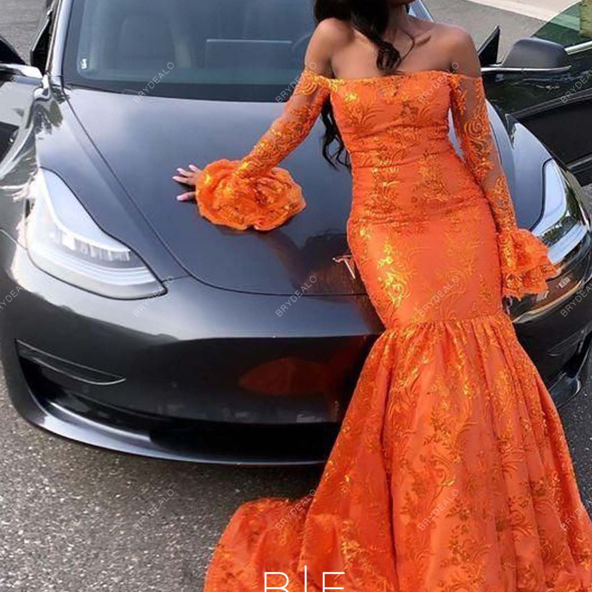 prom dresses orange county Orange Lace Off the Shoulder Long Sleeves Trumpet Prom Dress