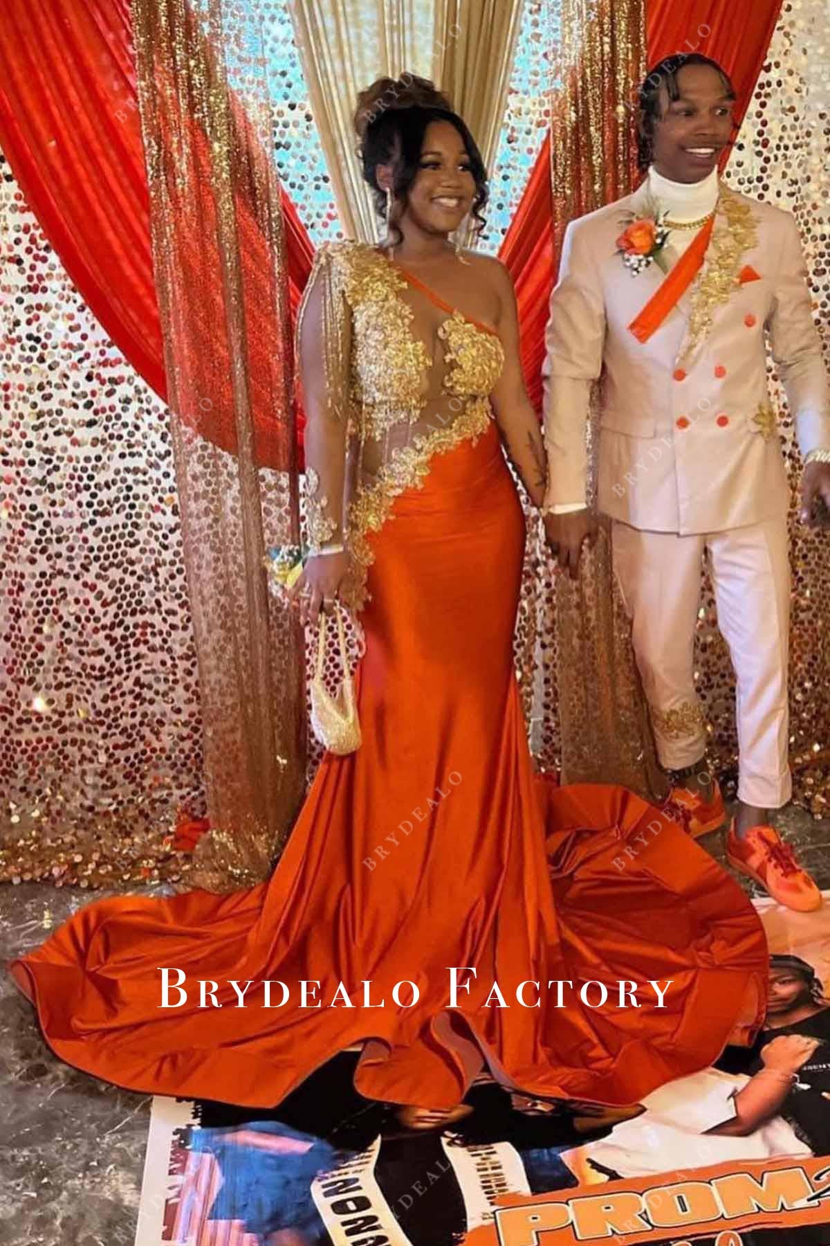 orange one shoulder trumpet prom dress