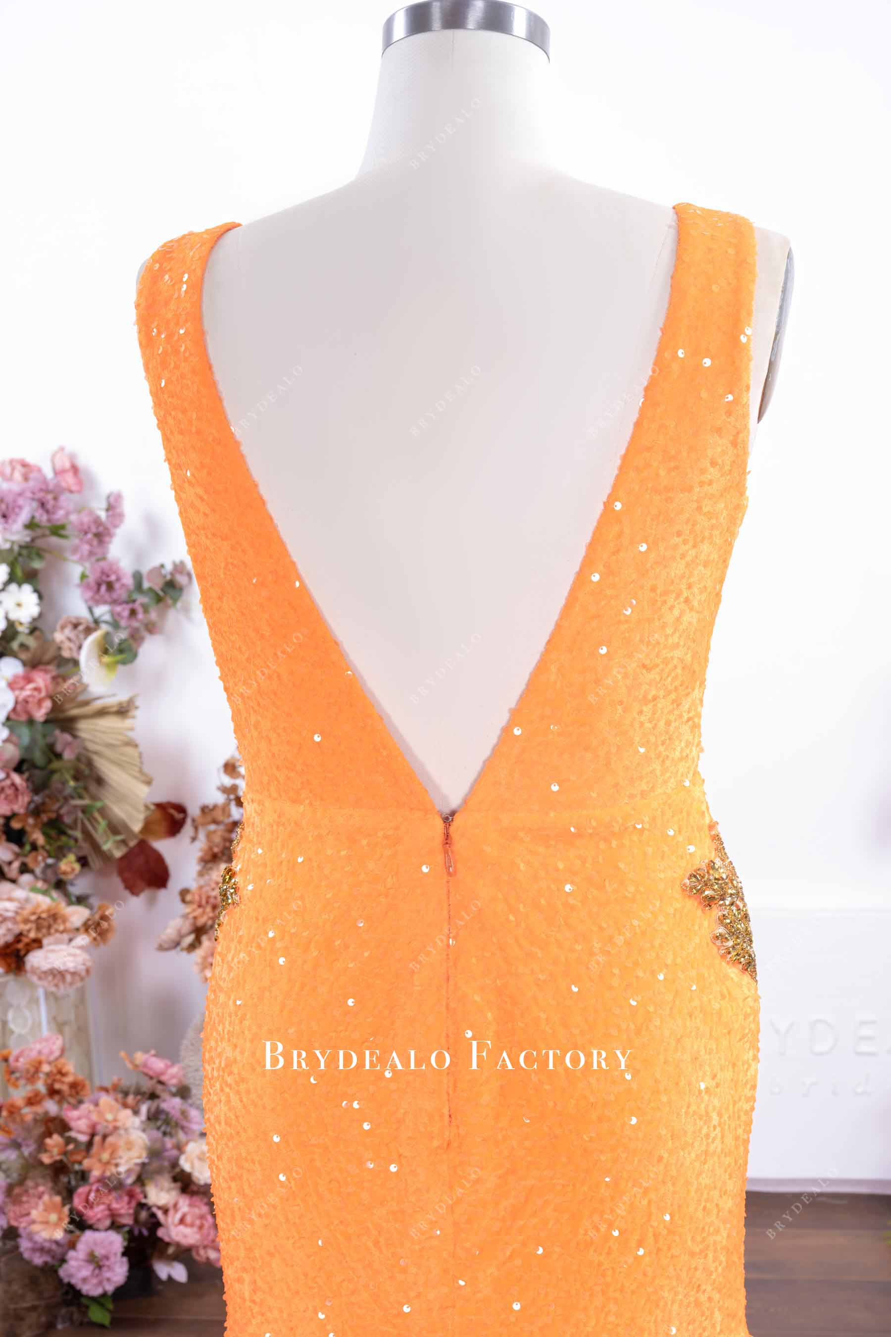 orange open v back mermaid prom dress