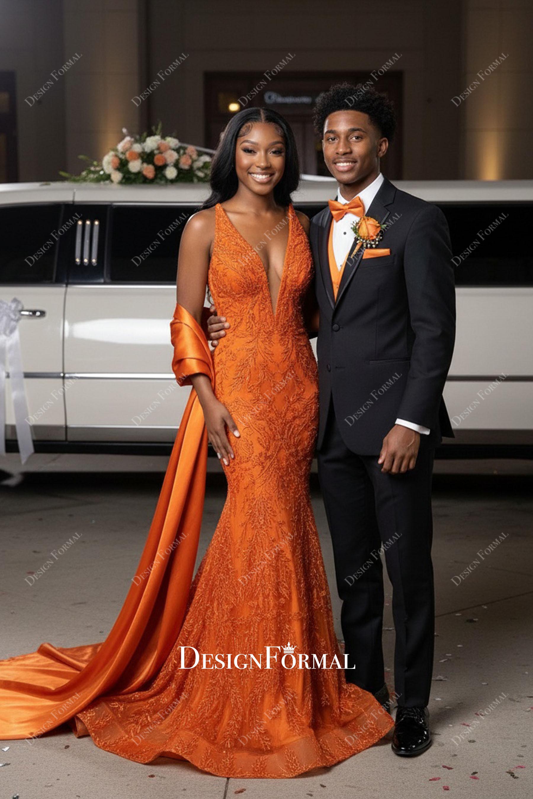orange plunging neck mermaid prom dress