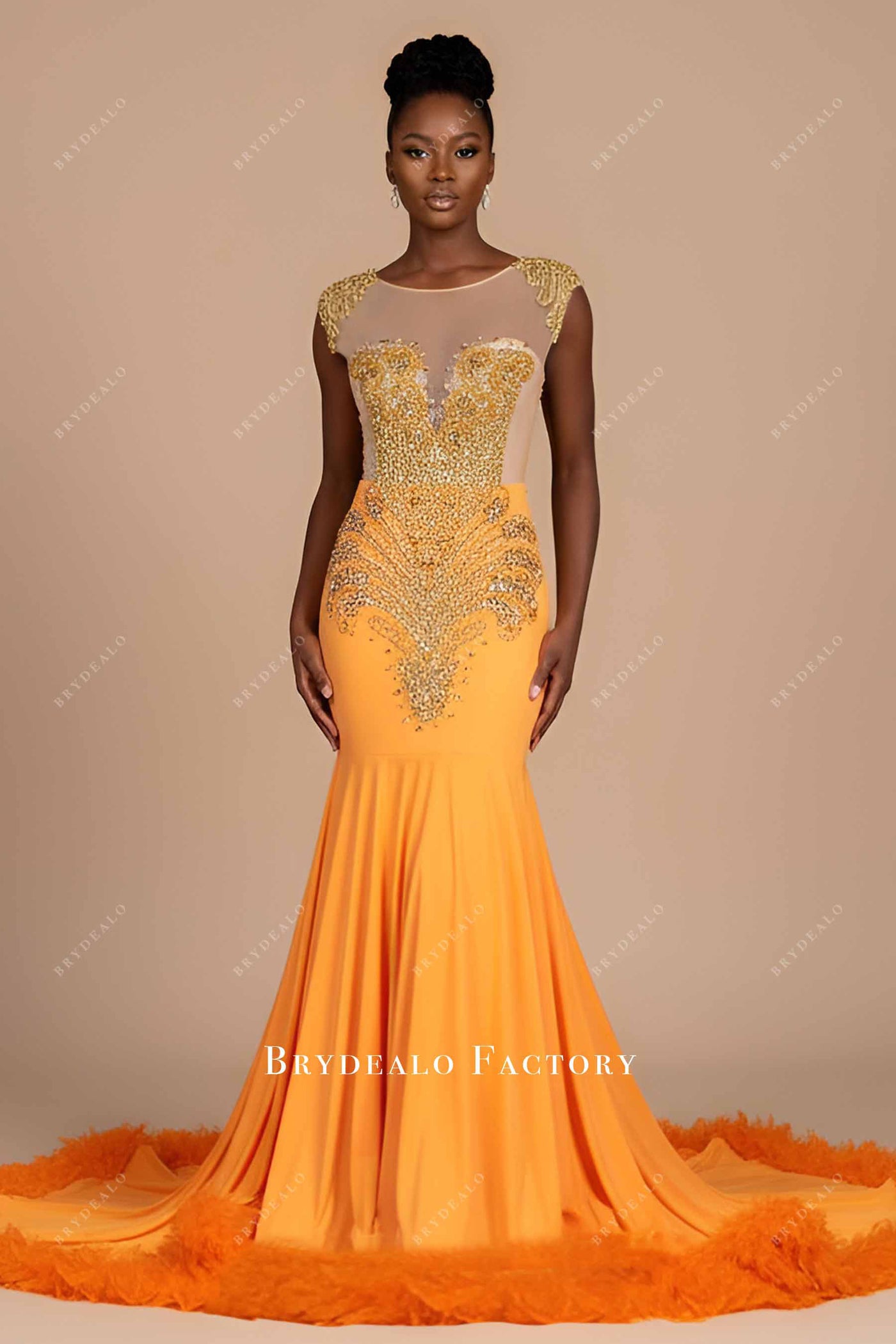 Gold Rhinestone Orange Jersey Feather Long Train Prom Dress