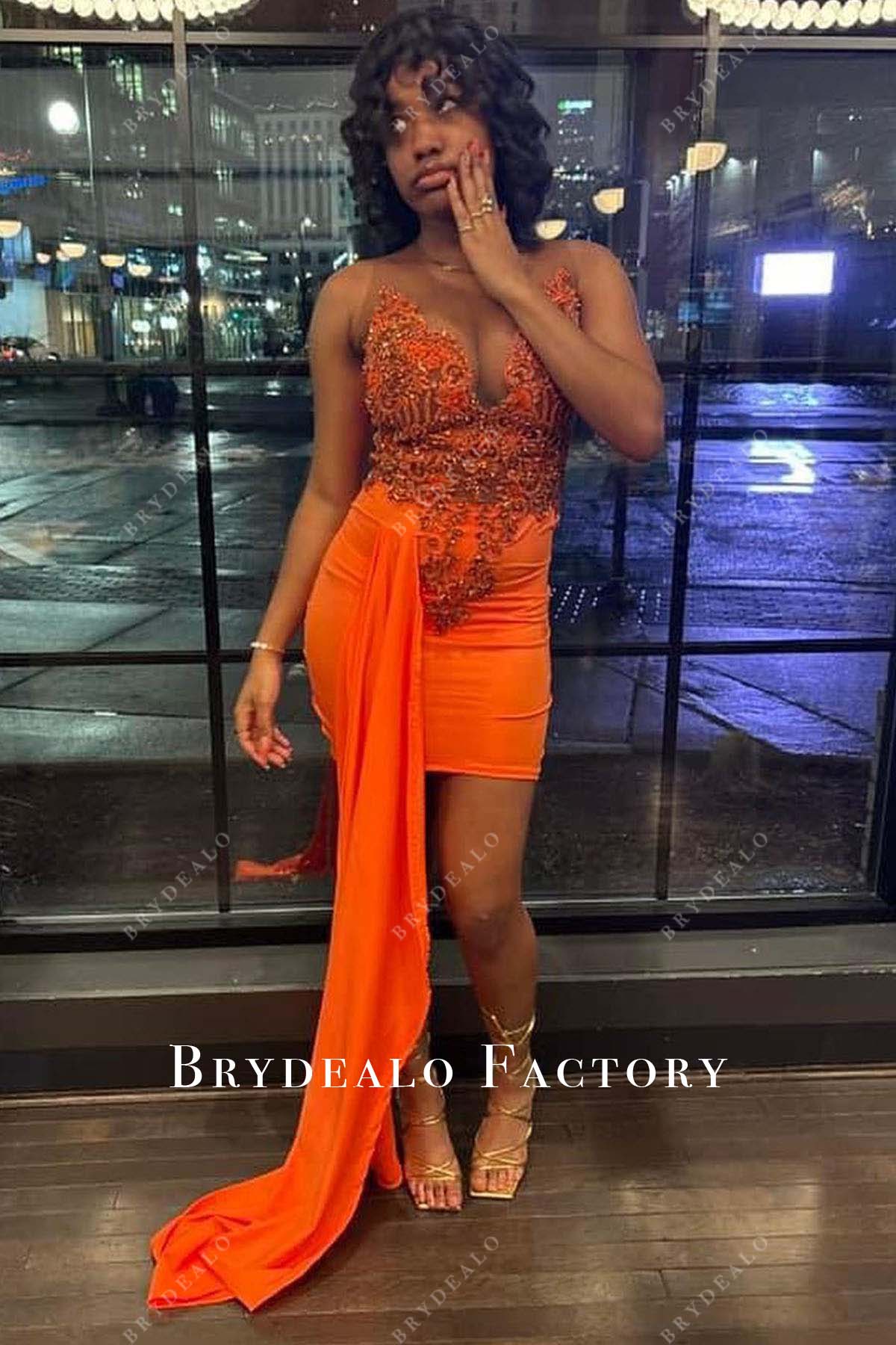 orange rhinestones mini prom dress