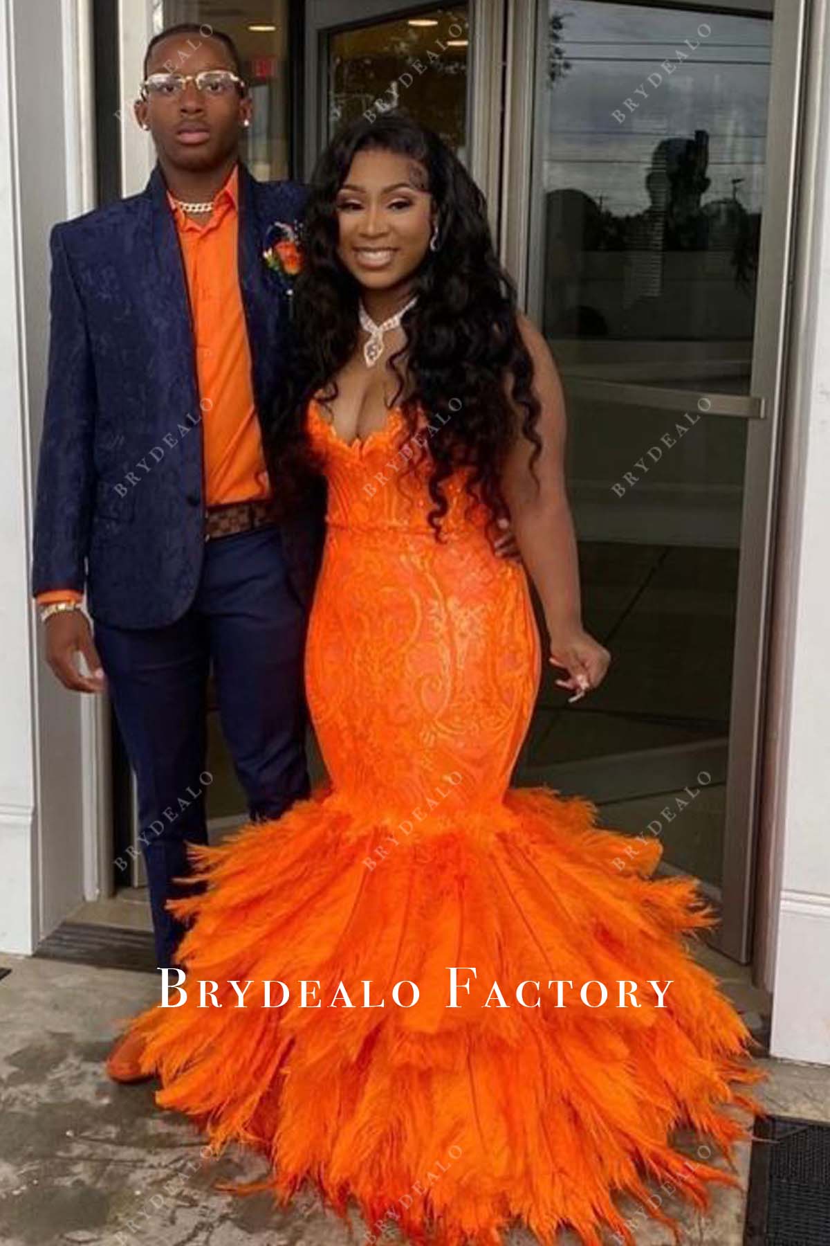 Orange Sequin Big Feathers Trumpet Floor Length Prom Dress