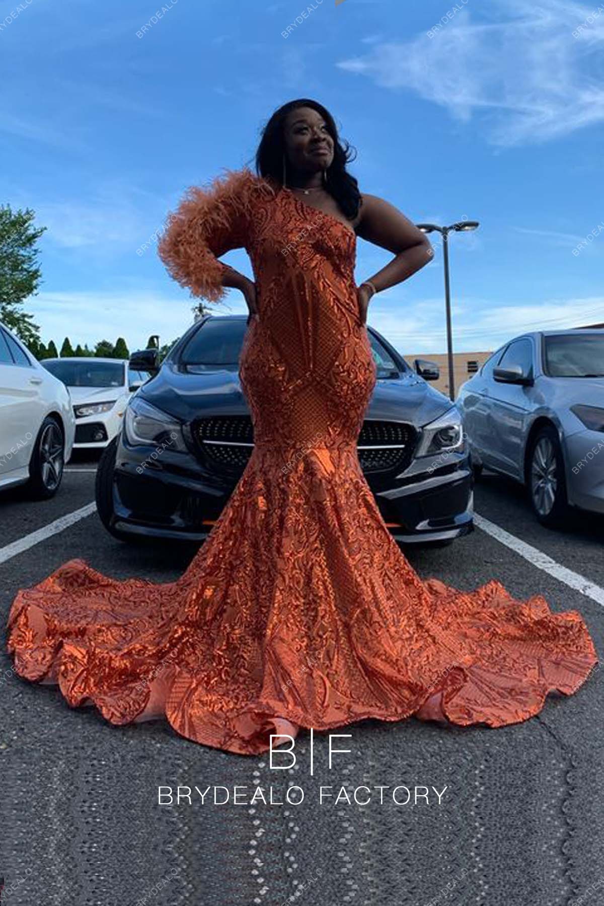 Orange Sequin Ostrich Feathered One Sleeve Mermaid Prom Dress