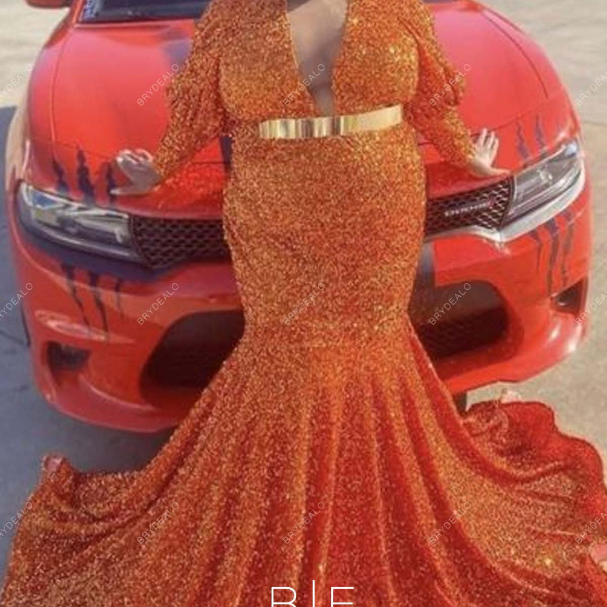 Plus Size Orange Sequins Plunging Neck Long Train Trumpet Prom Dress Plus Size Orange Sequins Plunging Neck Long Train Trumpet Prom Dress