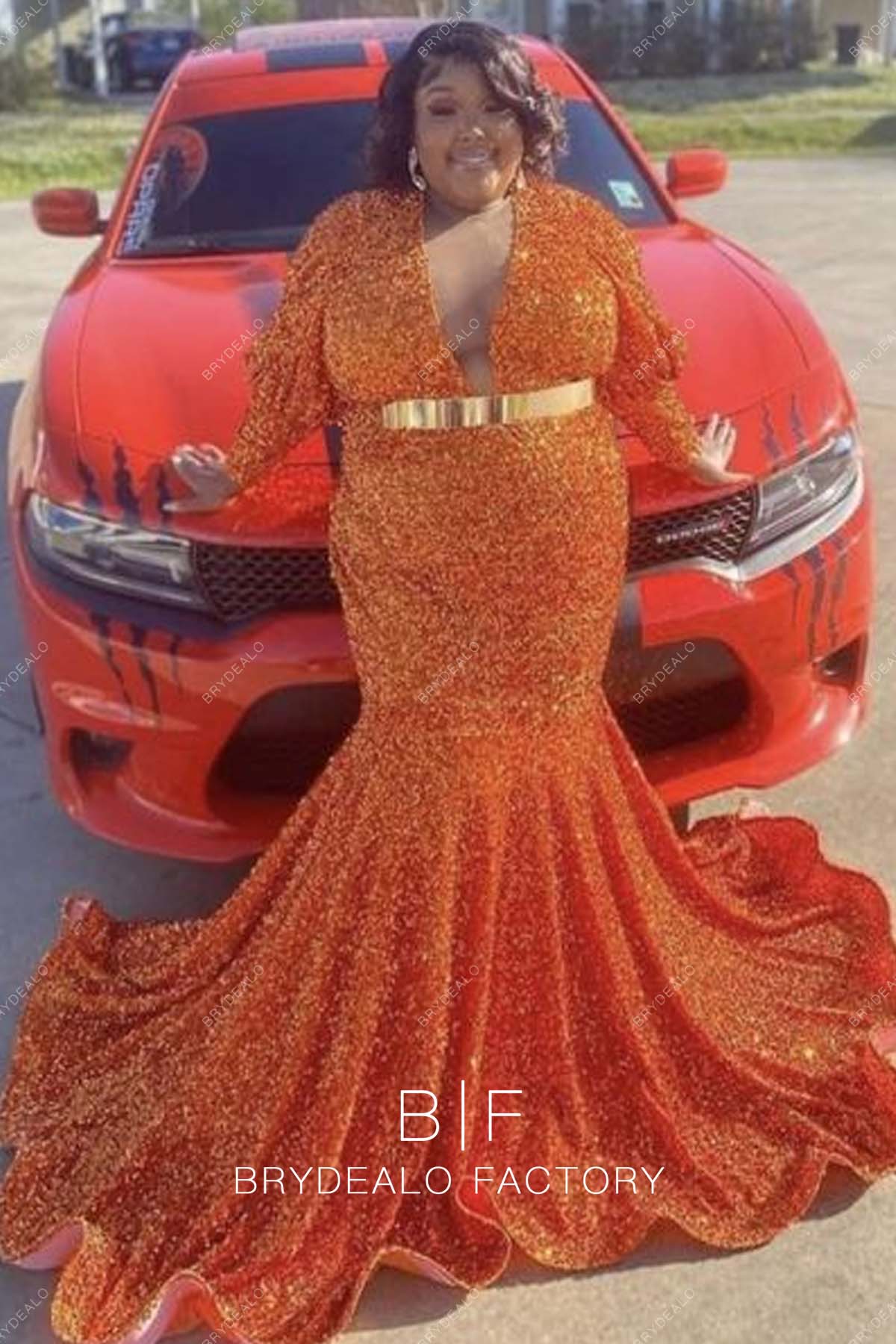 Plus Size Orange Sequins Plunging Neck Trumpet Prom Dress