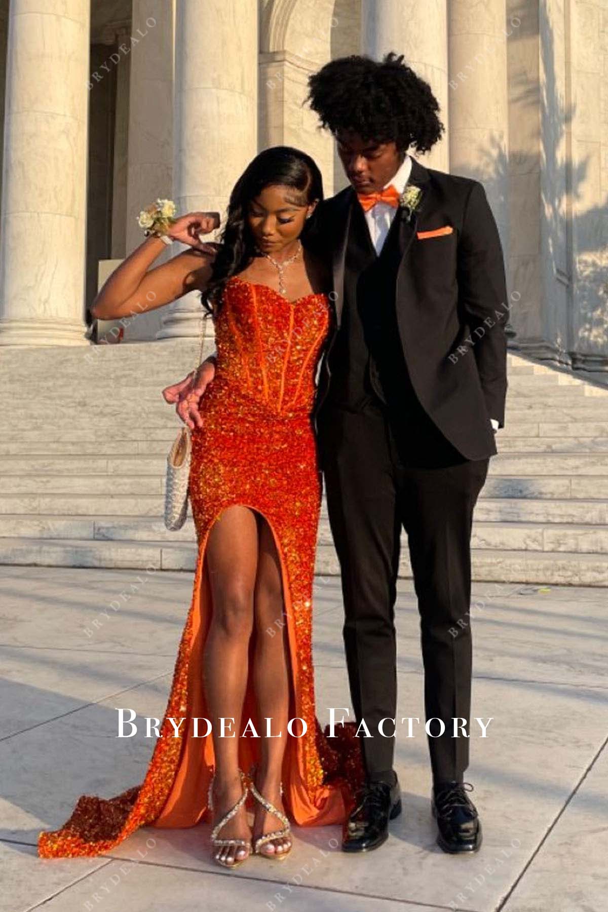 orange sequined strapless slit long train prom dress