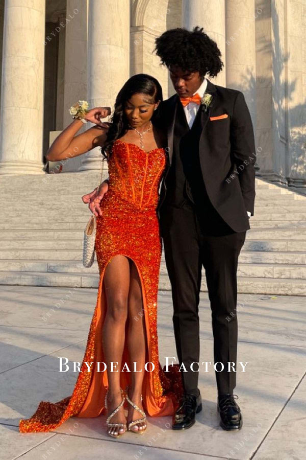 Look Radiant in Orange Sweetheart Evening Dress with Split
