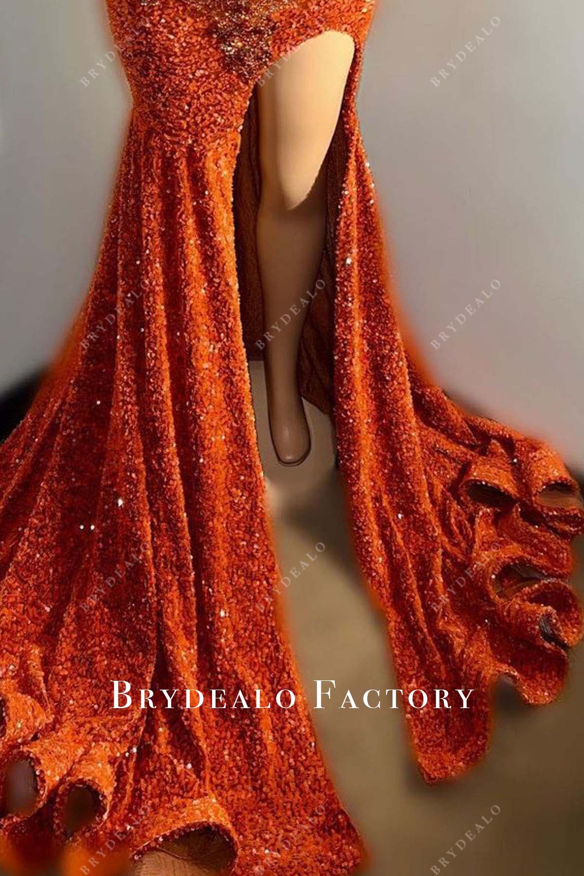 orange sequined trumpet slit prom dress