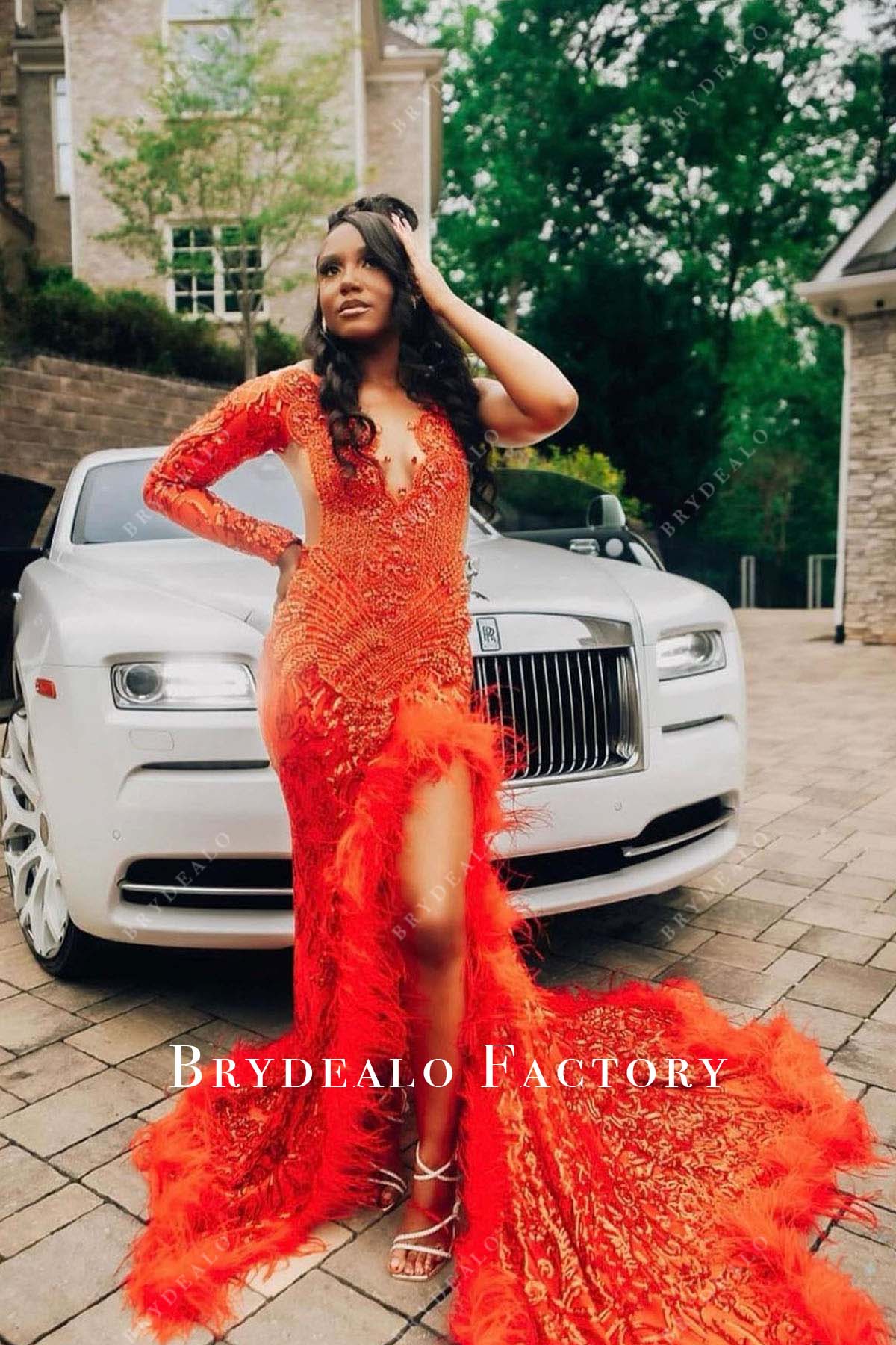 orange slit feathered mermaid prom dress