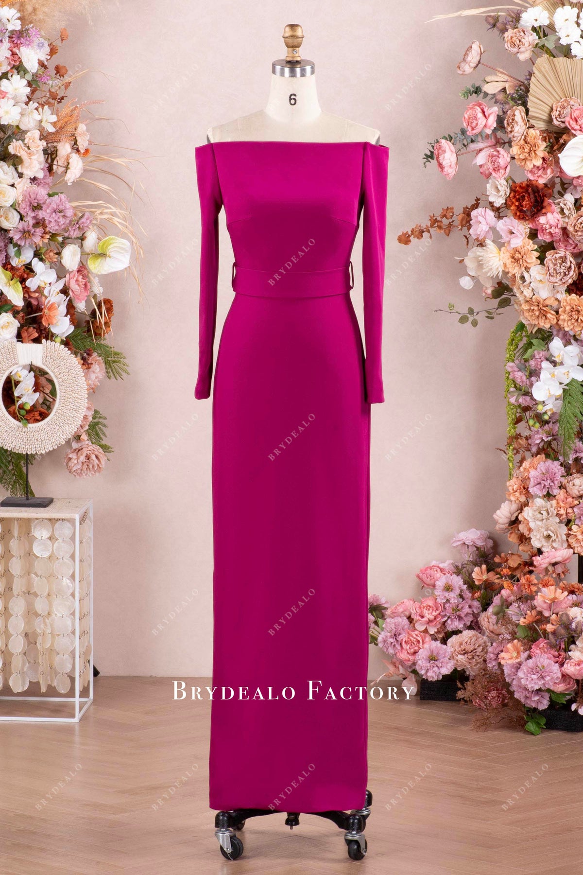 Orchid Off Shoulder Straight Across Neck Crepe Bridesmaid Prom Dress