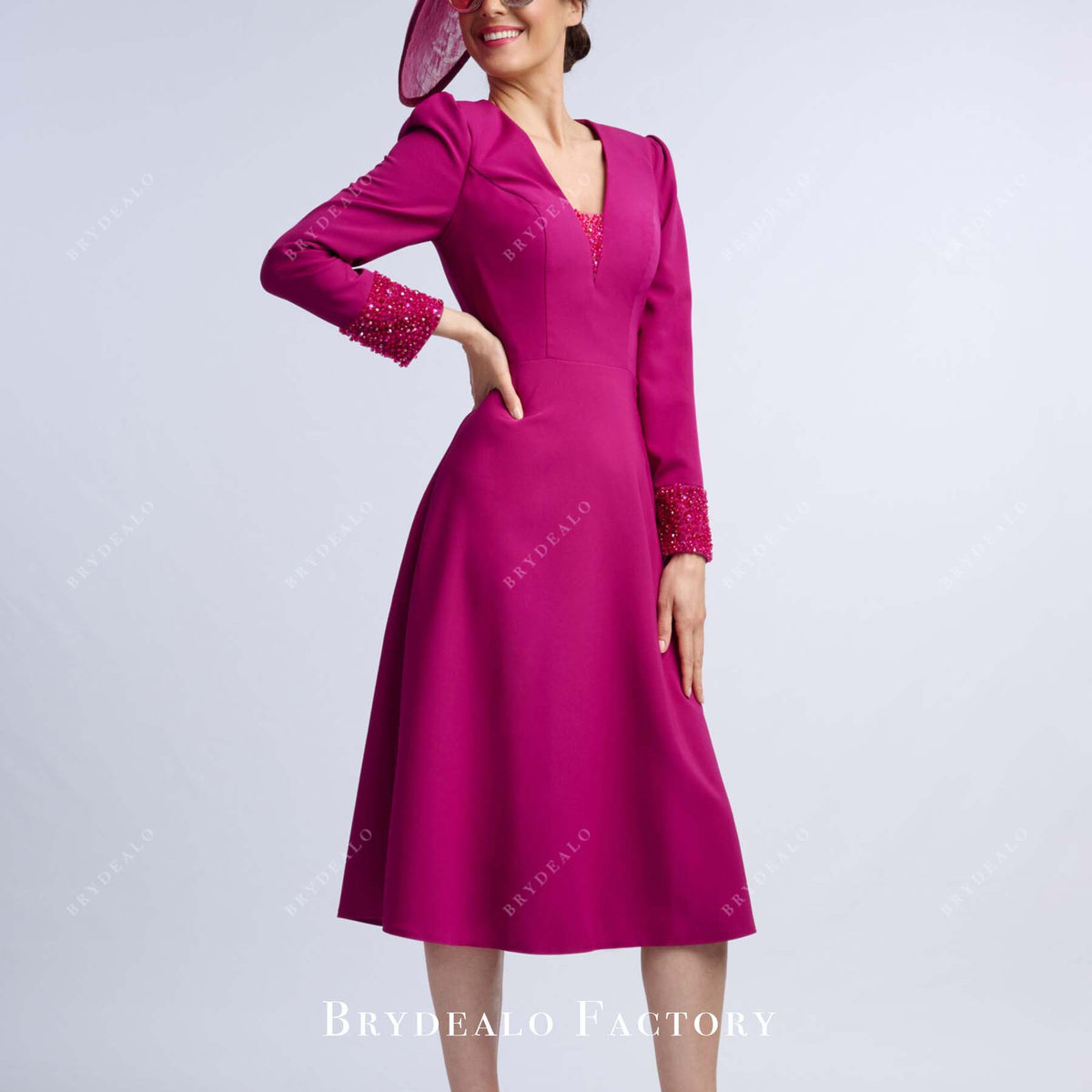 Orchid V-Neck Knee Length A-Line Mother Of Bride Dress