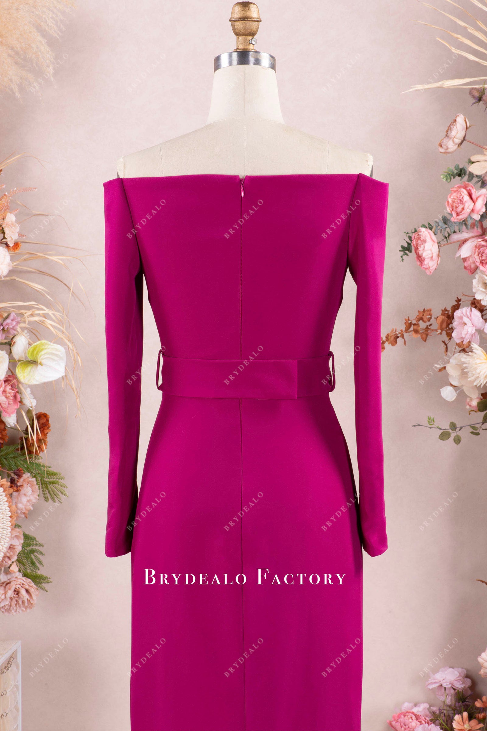 Orchid Off Shoulder Straight Across Neck Crepe Bridesmaid Prom Dress
