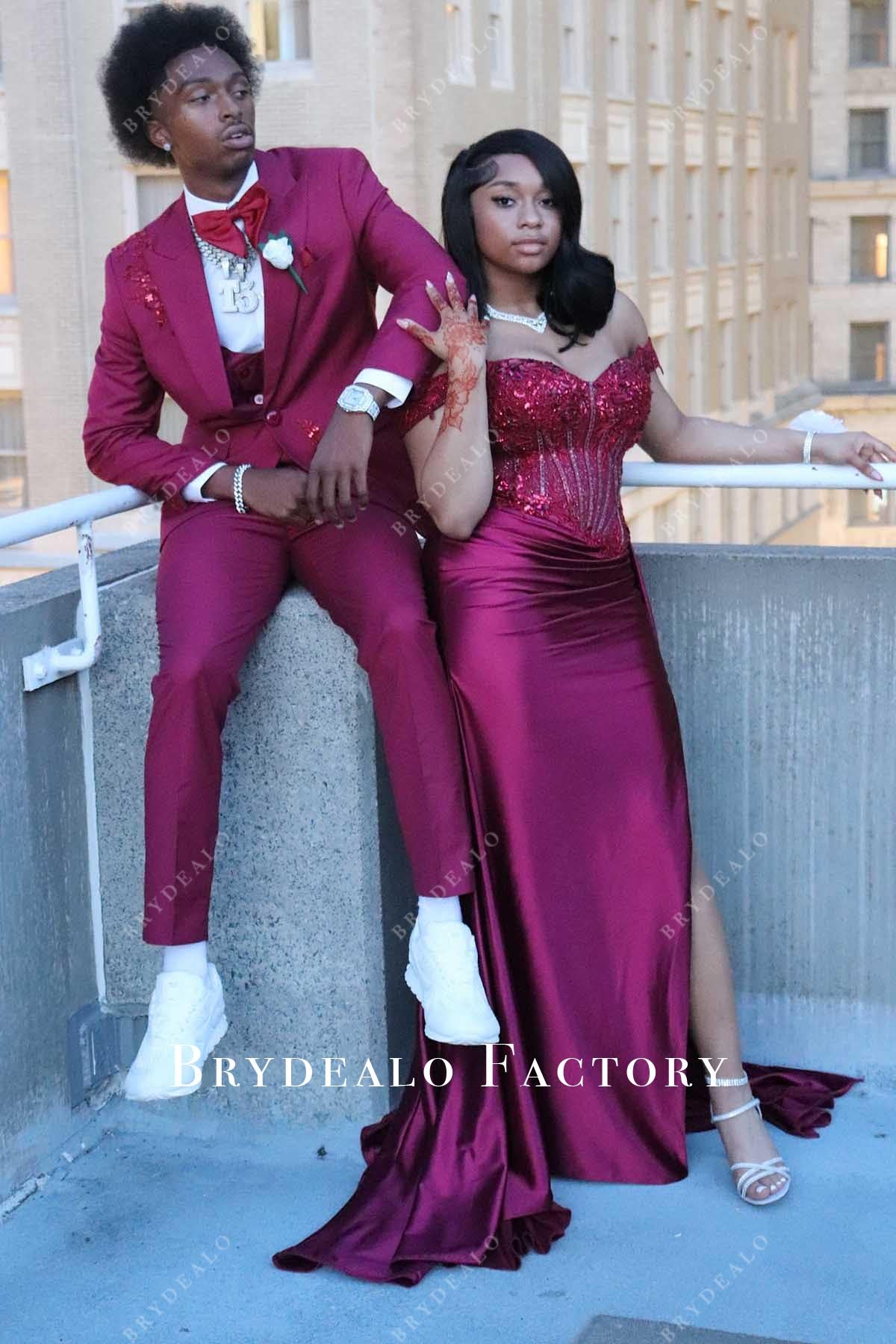 orchid off shoulder prom dress