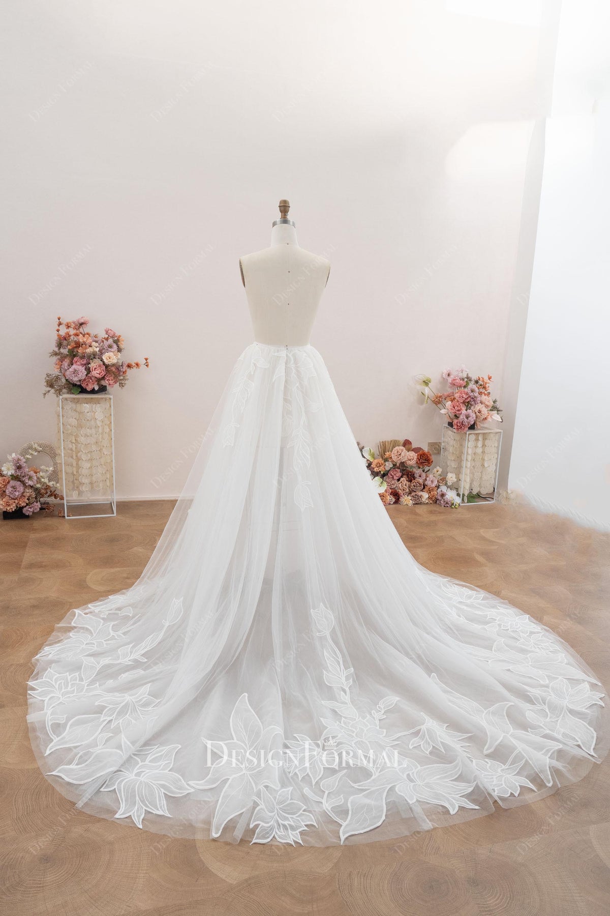 organic flower lace chapel train overskirt 