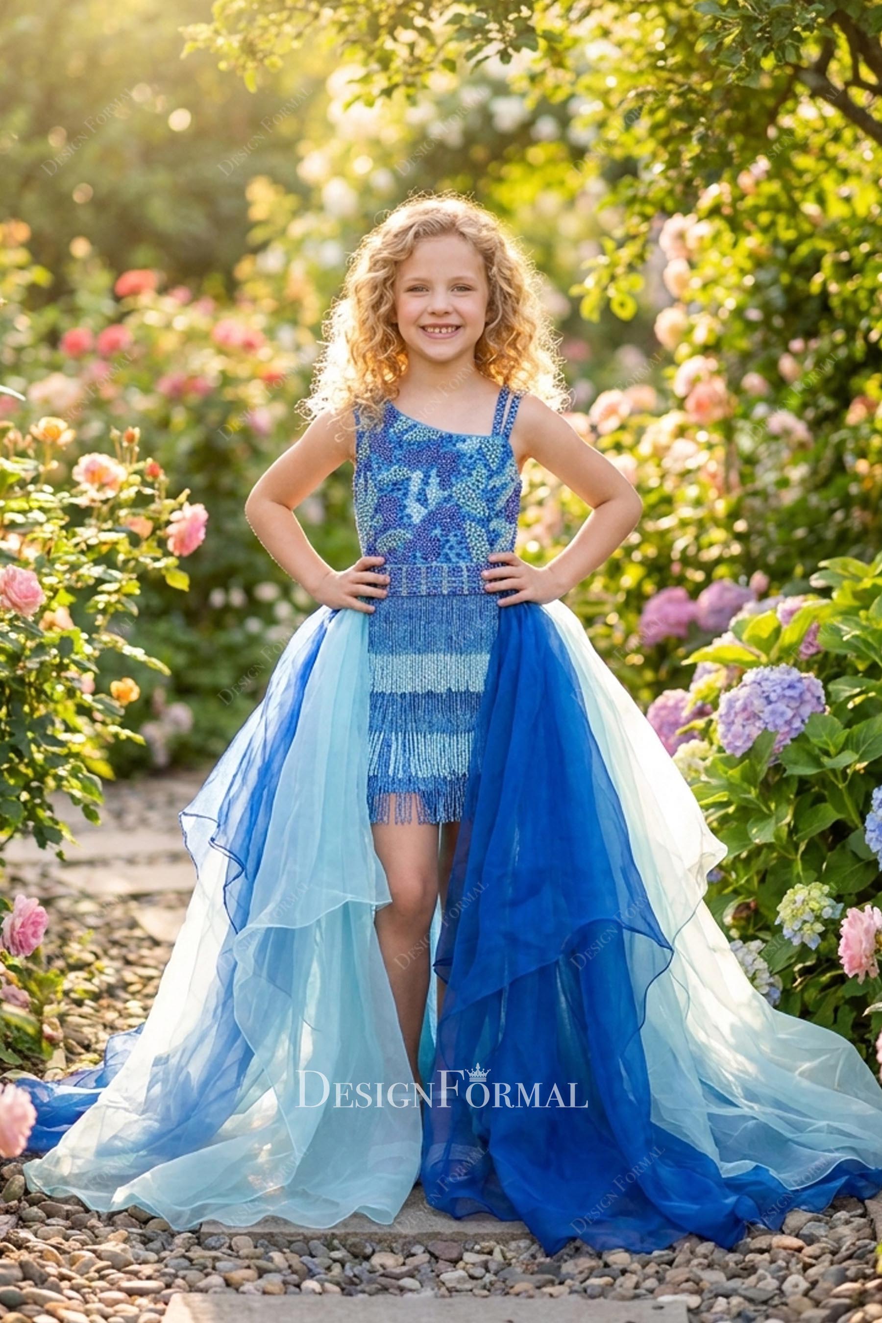 overskirt beaded tassel short kids pageant dress