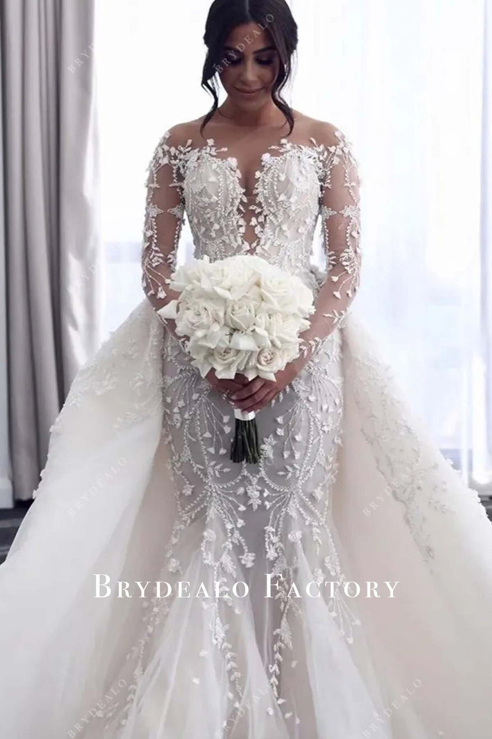 Beautiful Long Sleeves Lace Mermaid Overskirt Wedding Dress Bridal Wears main image 1