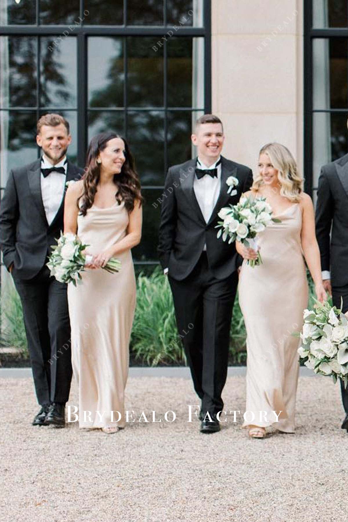 pale wheat cowl neck bridesmaid dress