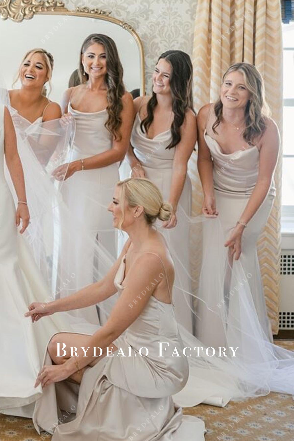 Pale Wheat Cowl Neck Slit Mermaid Bridesmaid Dress