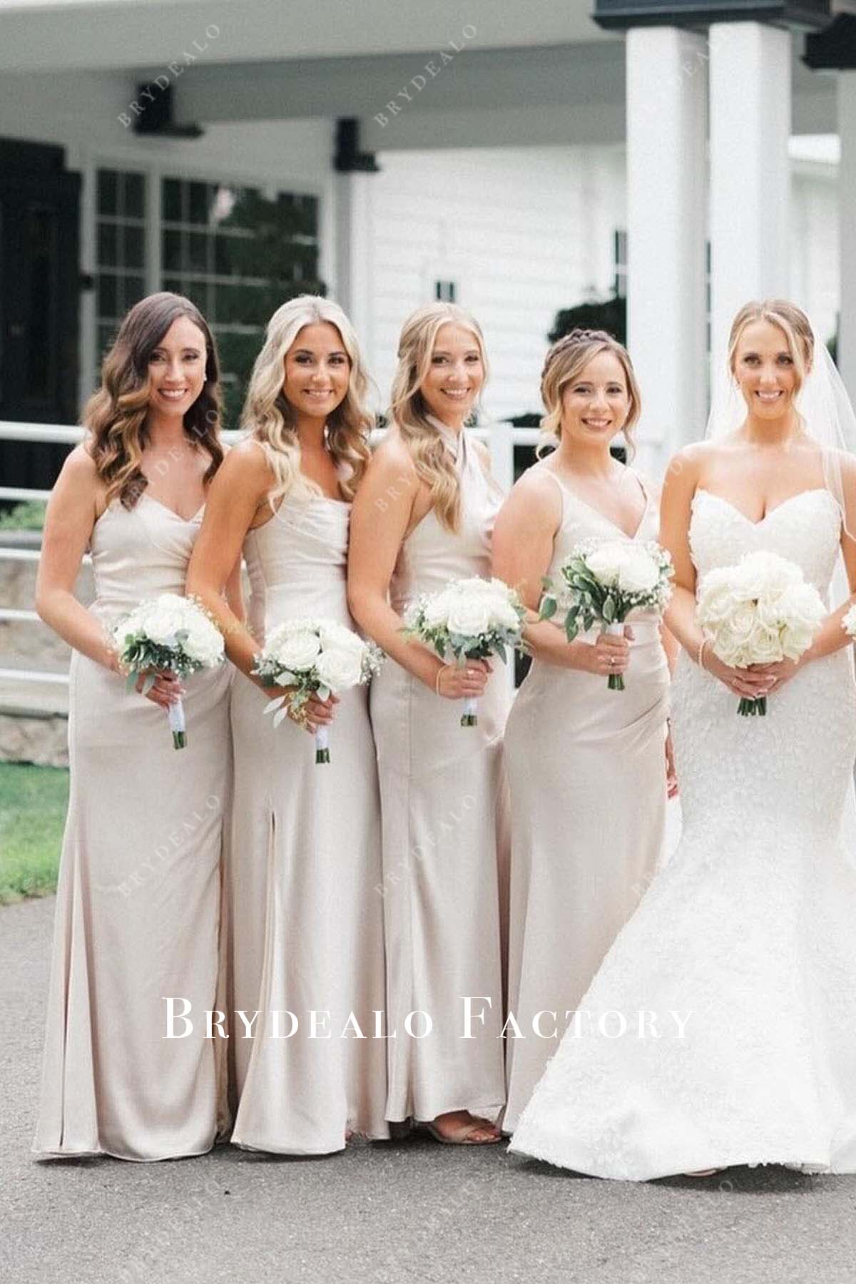 pale wheat floor length mismatched bridesmaid dresses