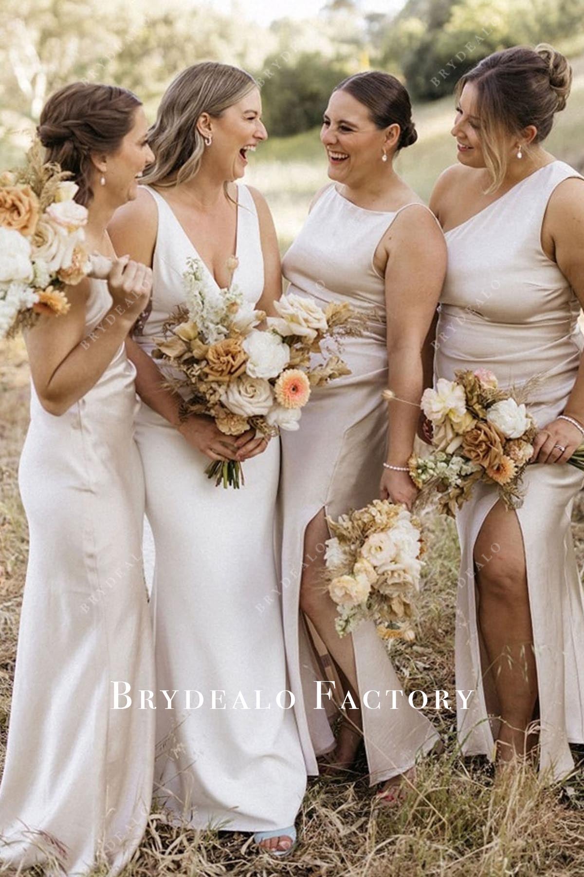 pale wheat long mismatched bridesmaid dresses