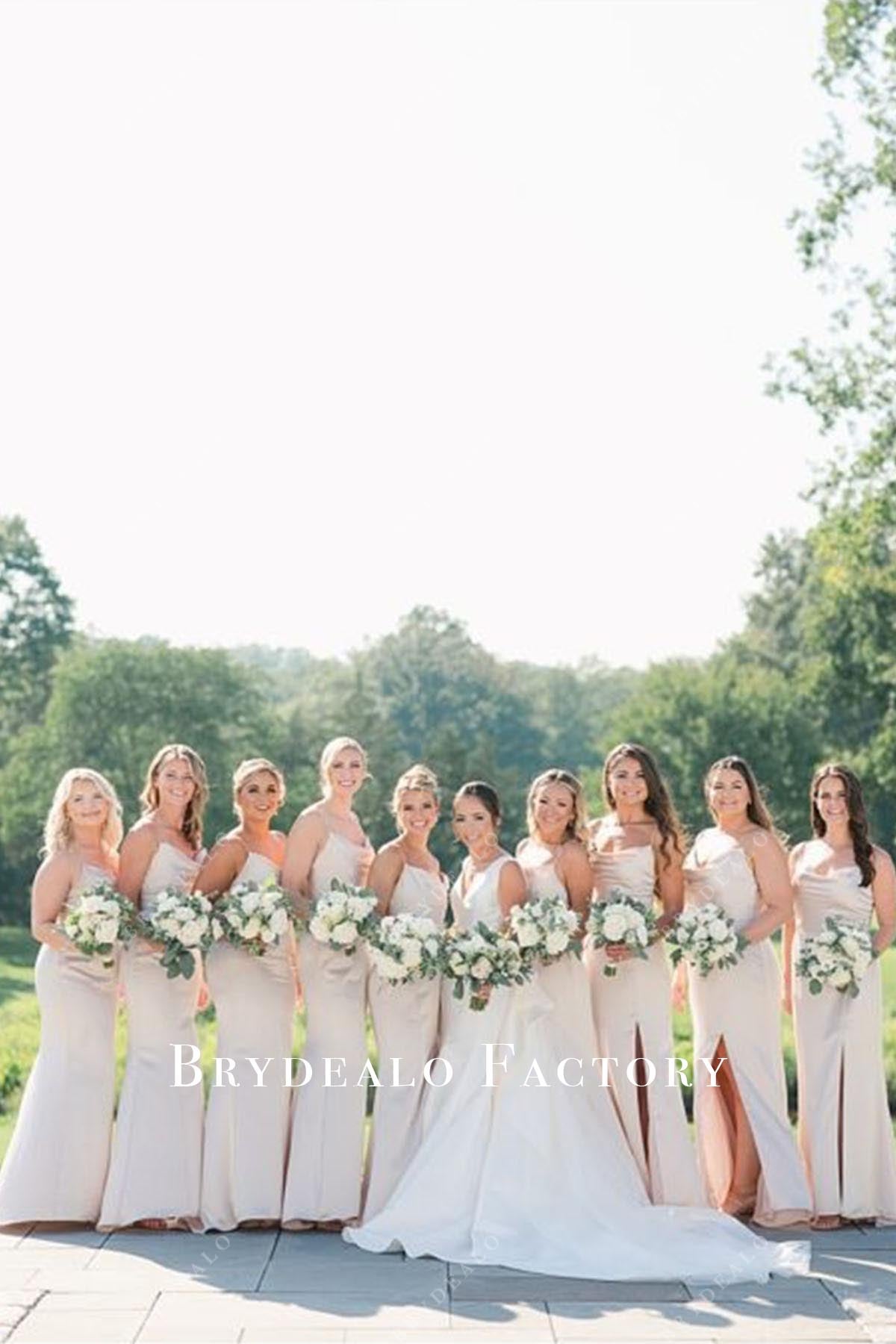 pale wheat slit bridesmaid dress