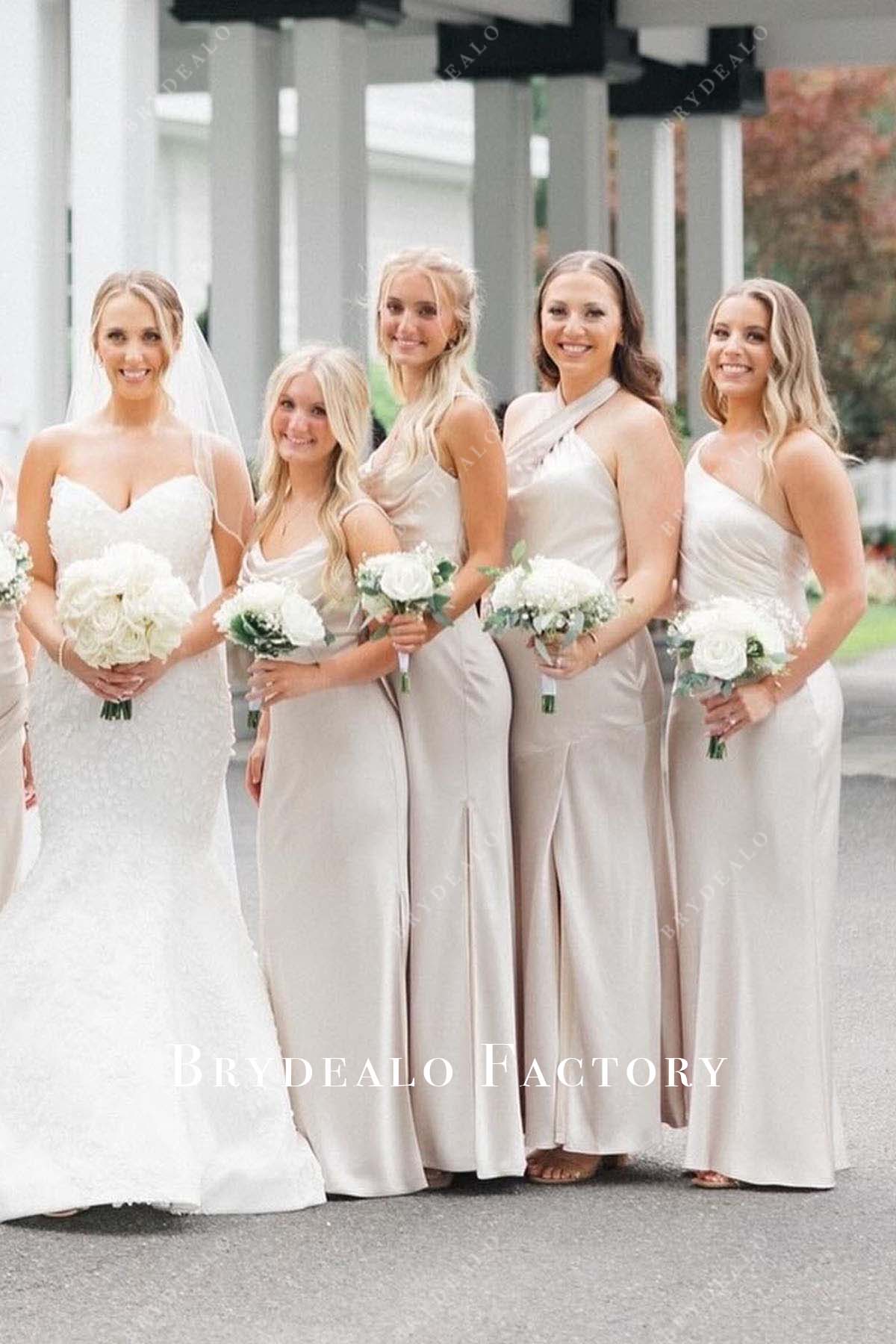 pale wheat slit mismatched bridesmaid dresses