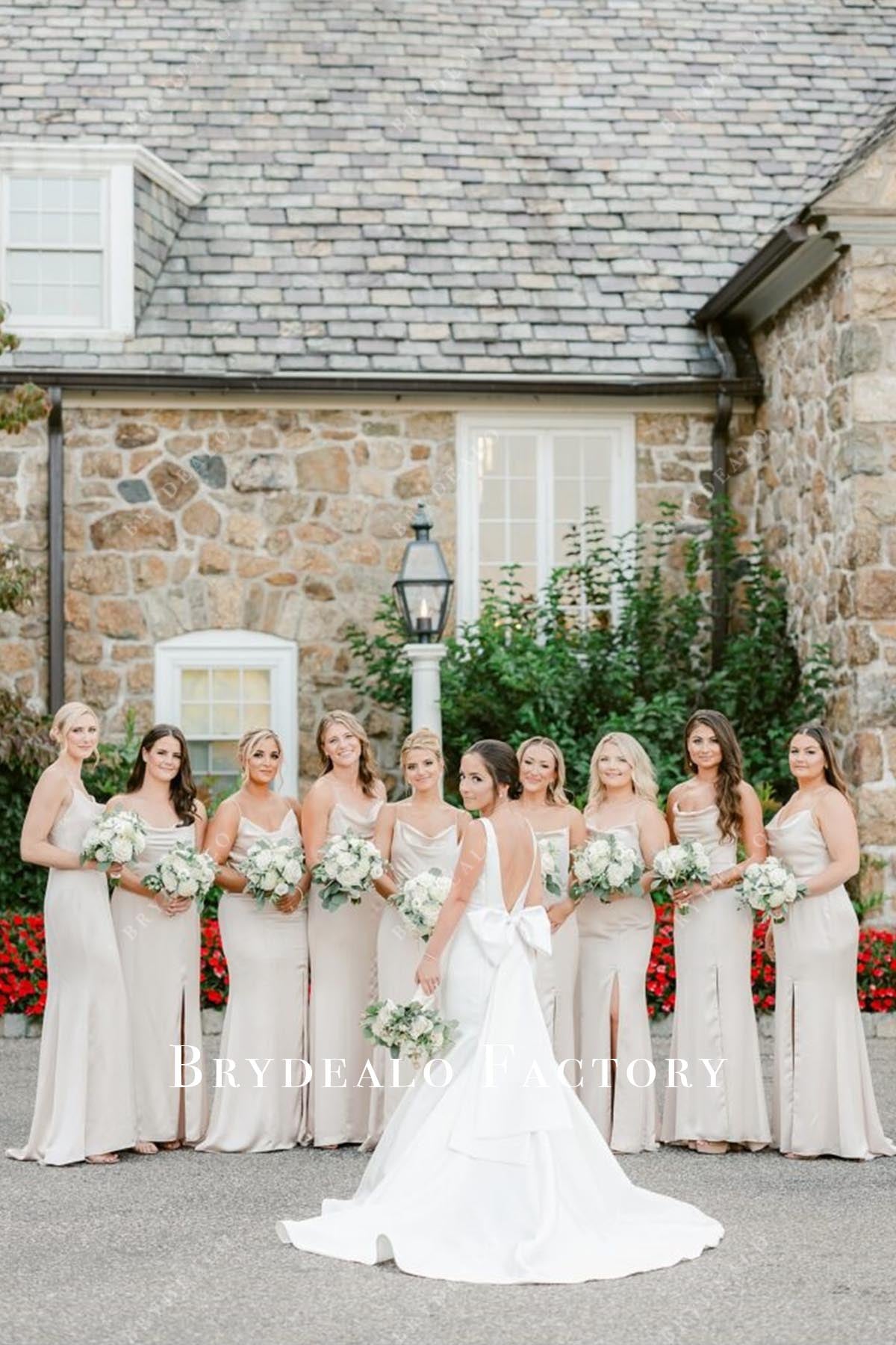 pale wheat thin straps bridesmaid dress