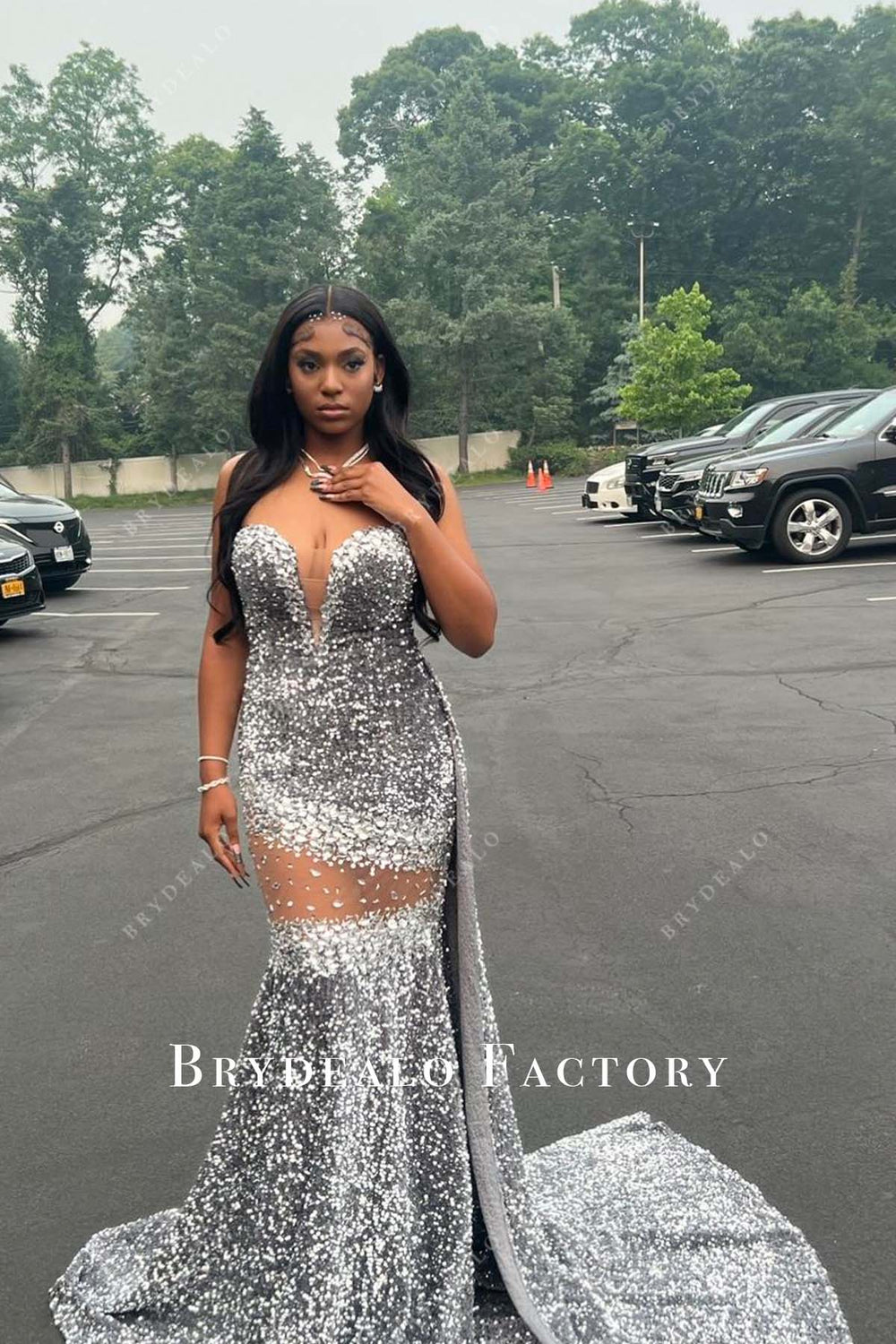 Crystals Silver Velvet Sequin Strapless Side Streamer Formal Dress