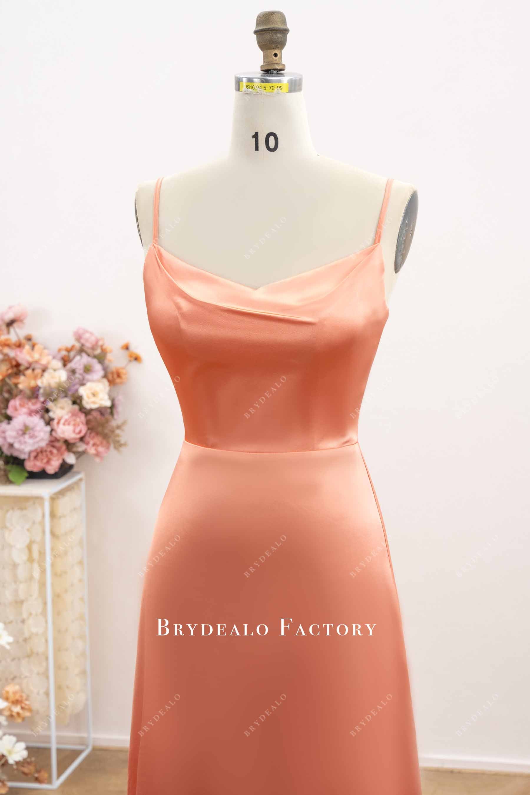 papaya satin cowl neck bridesmaid dress