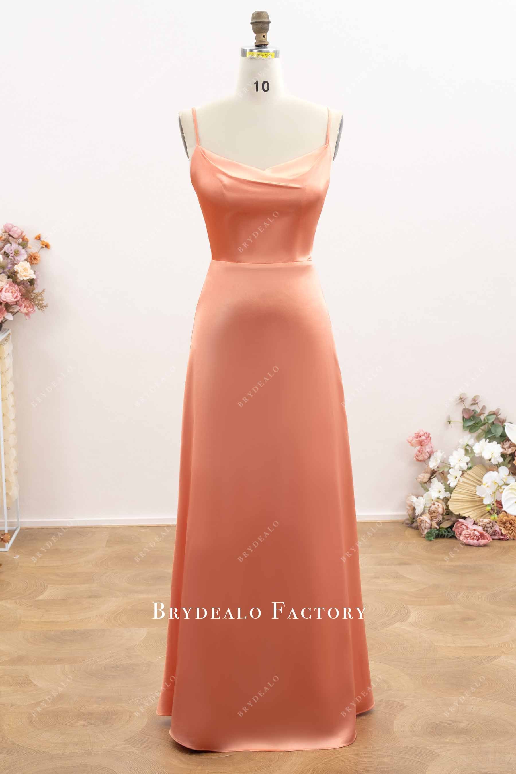 papaya satin floor length bridesmaid dress